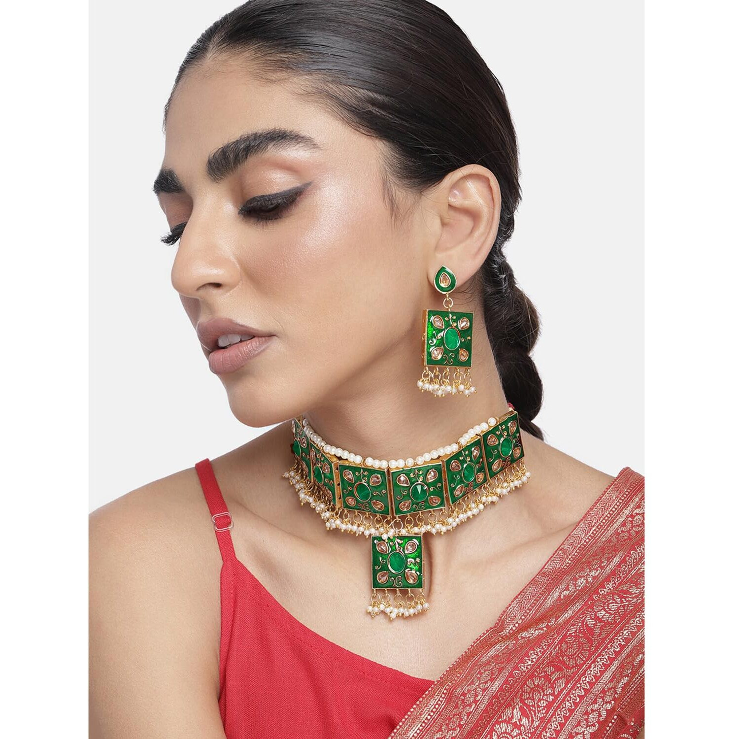 Peora 18K Gold Plated Original Hand Work Meenakari Padmavati Choker Necklace Earring Indian Traditional Jewellery Set for Women