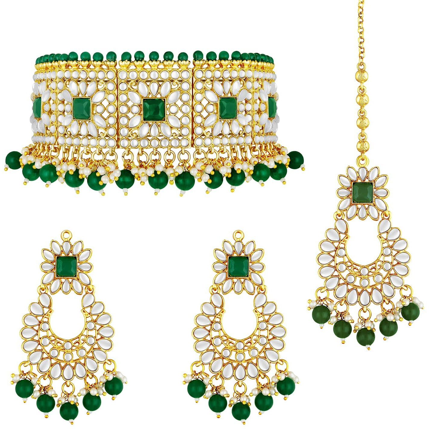 Peora Rani Padmavati Dulhan Bridal Kundan Green Faux Pearl Choker Necklace with Earrings Maang Tikka for Women Girls Indian Traditional Jewellery set