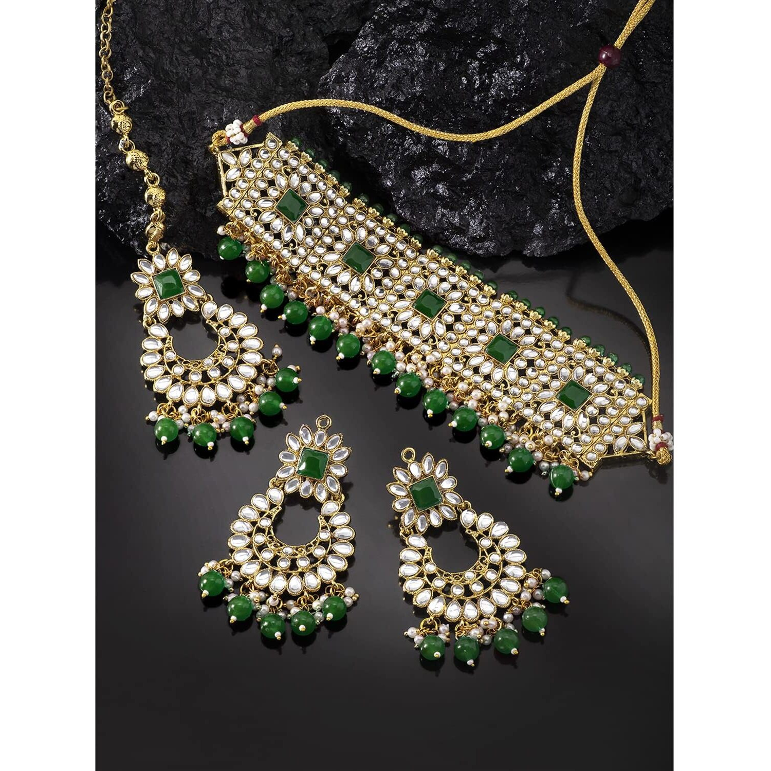 Peora Rani Padmavati Dulhan Bridal Kundan Green Faux Pearl Choker Necklace with Earrings Maang Tikka for Women Girls Indian Traditional Jewellery set