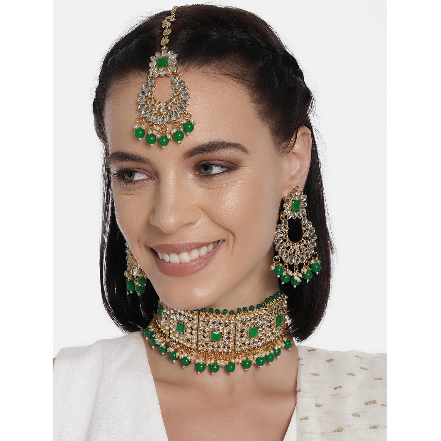 Peora Rani Padmavati Dulhan Bridal Kundan Green Faux Pearl Choker Necklace with Earrings Maang Tikka for Women Girls Indian Traditional Jewellery set