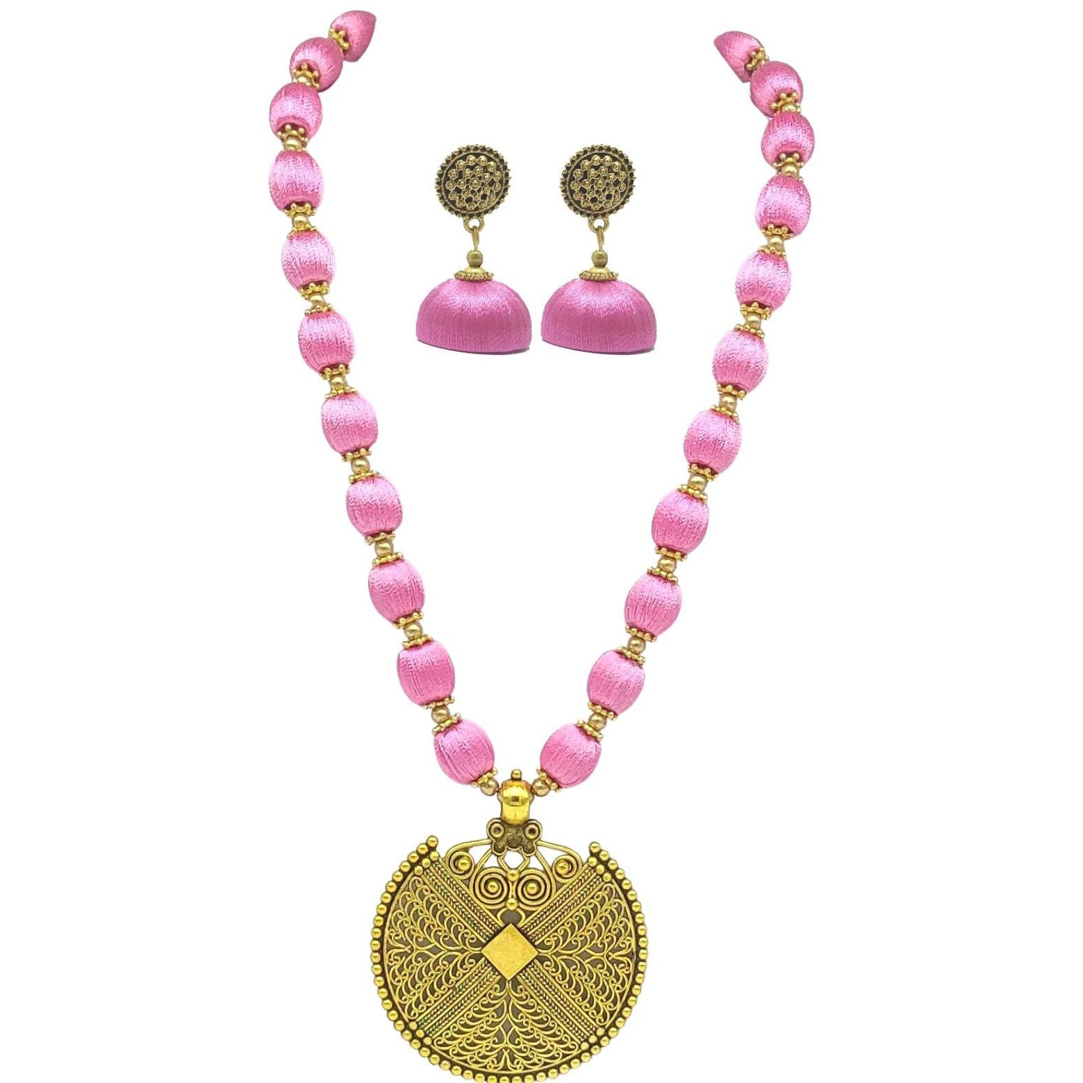 MDS Fashions Silk Thread Beads with Antique Net Chakkra Necklace and Earrings Set for Beautiful Women (MDS-1073) (Light Rose)