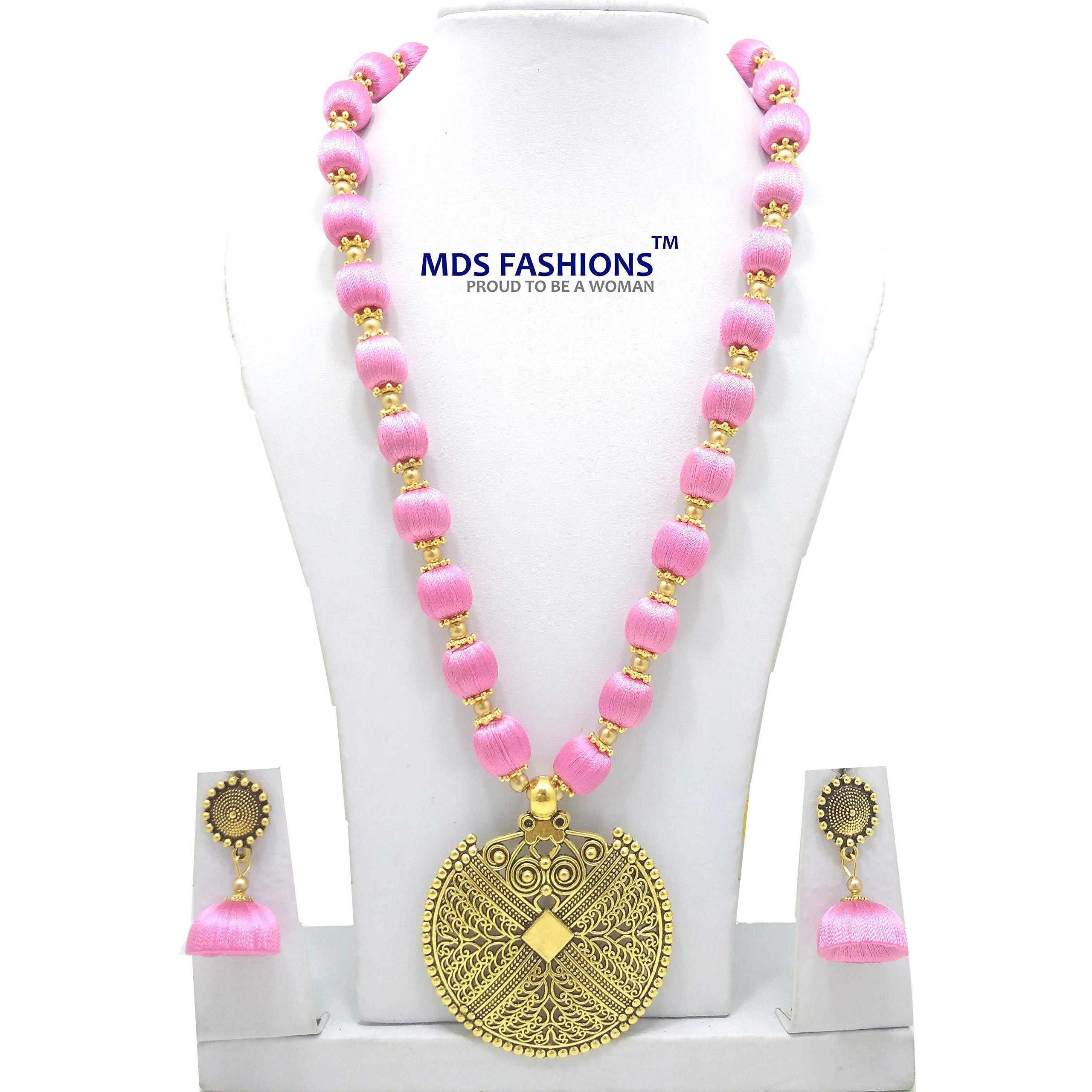 MDS Fashions Silk Thread Beads with Antique Net Chakkra Necklace and Earrings Set for Beautiful Women (MDS-1073) (Light Rose)