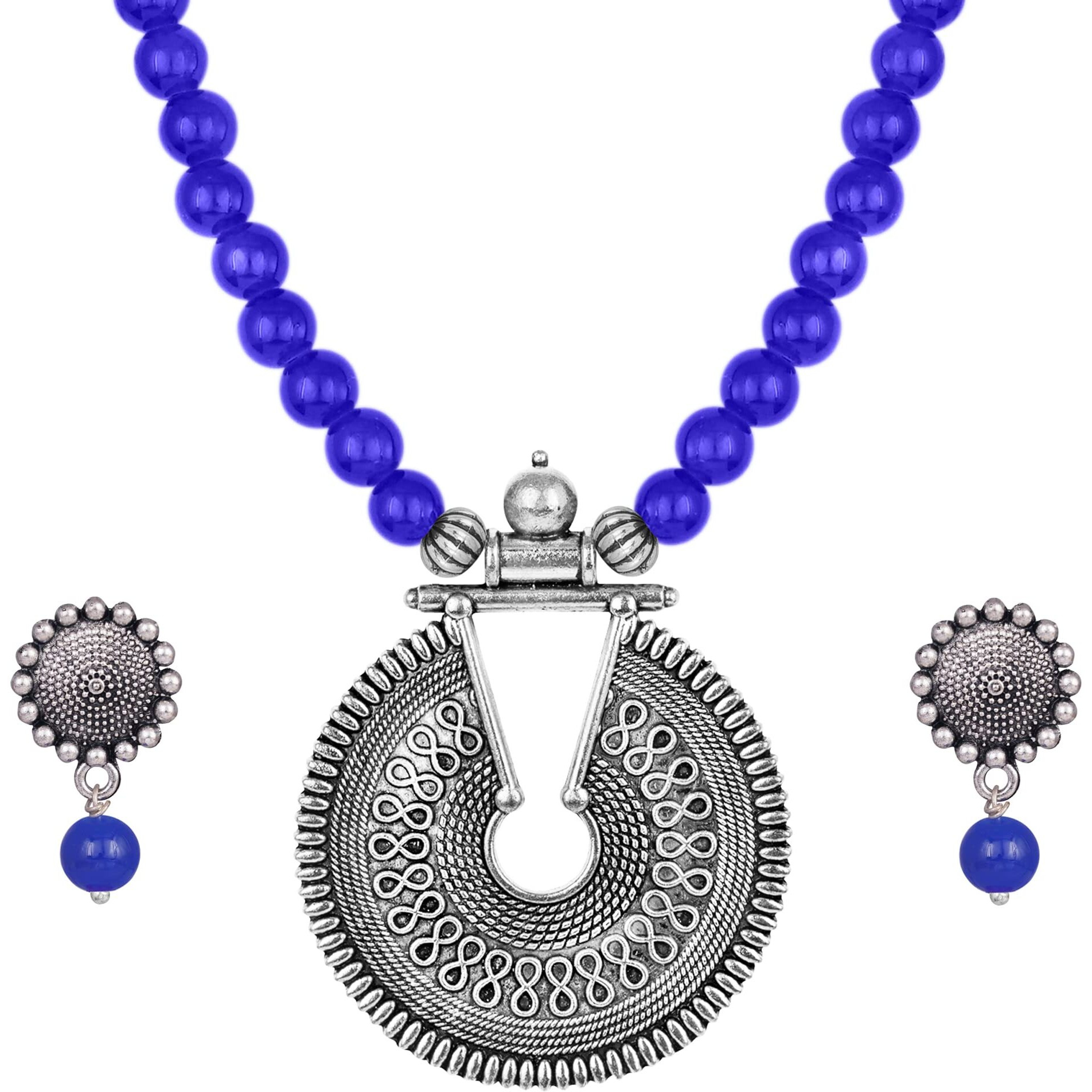 JFL - Jewellery for Less Silver Plated Oxidized Pendant with Beaded Necklace Set for Women and Girls (Blue),Valentine