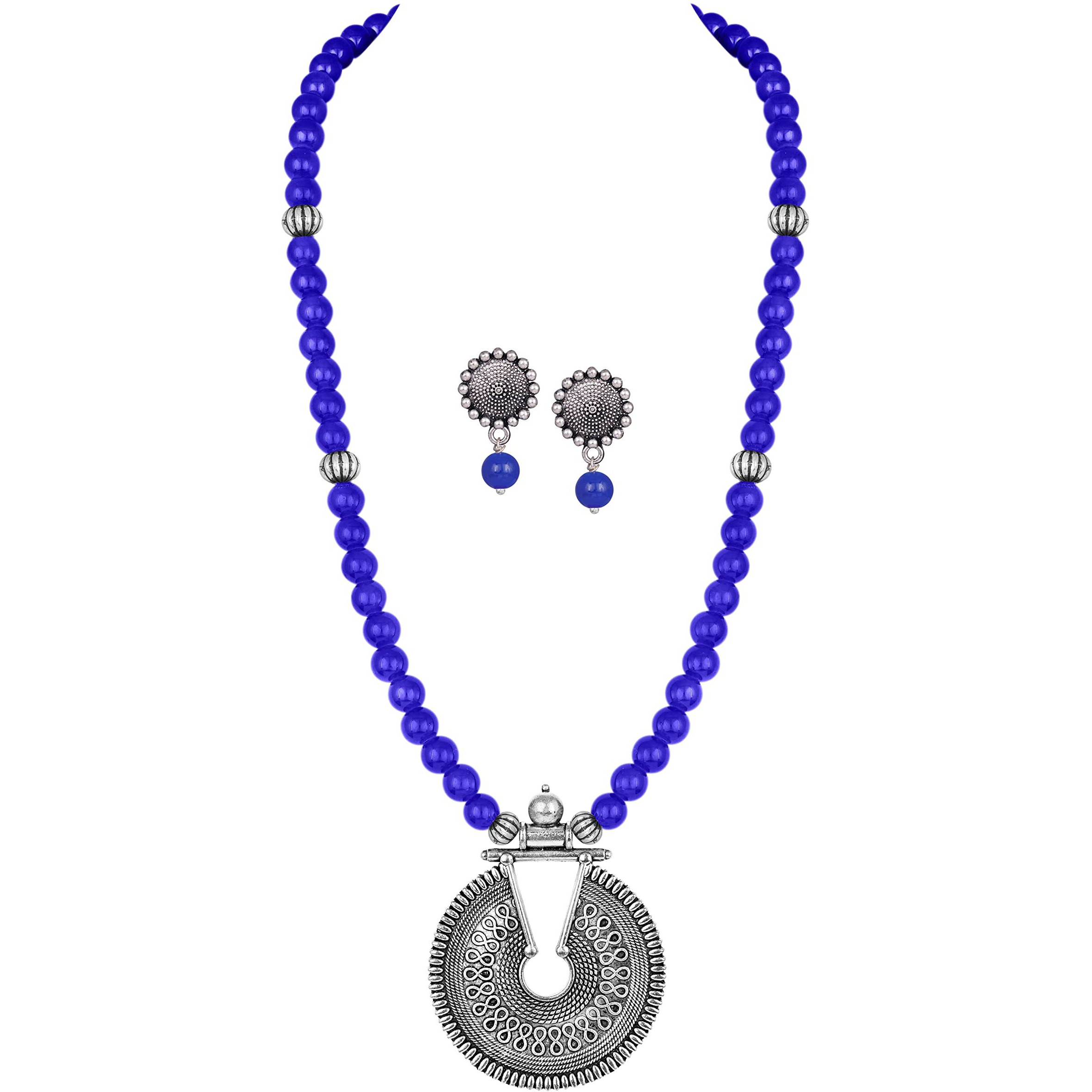 JFL - Jewellery for Less Silver Plated Oxidized Pendant with Beaded Necklace Set for Women and Girls (Blue),Valentine