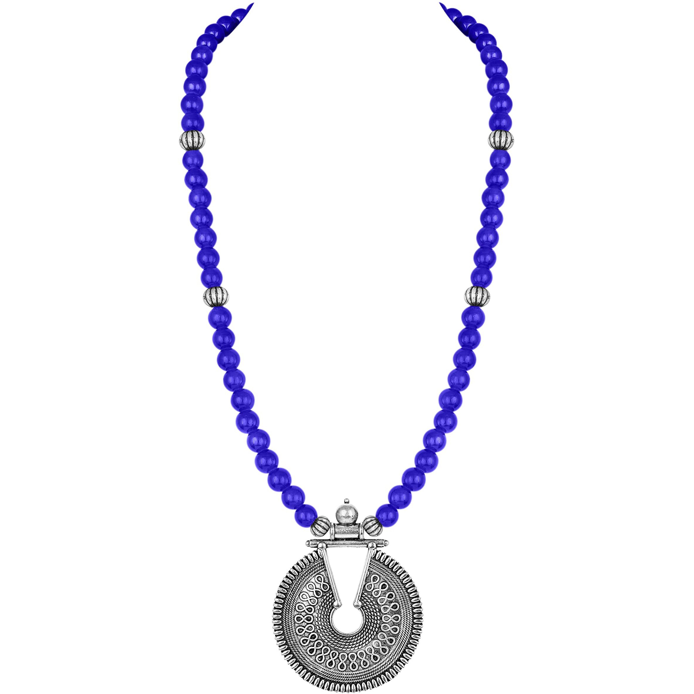 JFL - Jewellery for Less Silver Plated Oxidized Pendant with Beaded Necklace Set for Women and Girls (Blue),Valentine