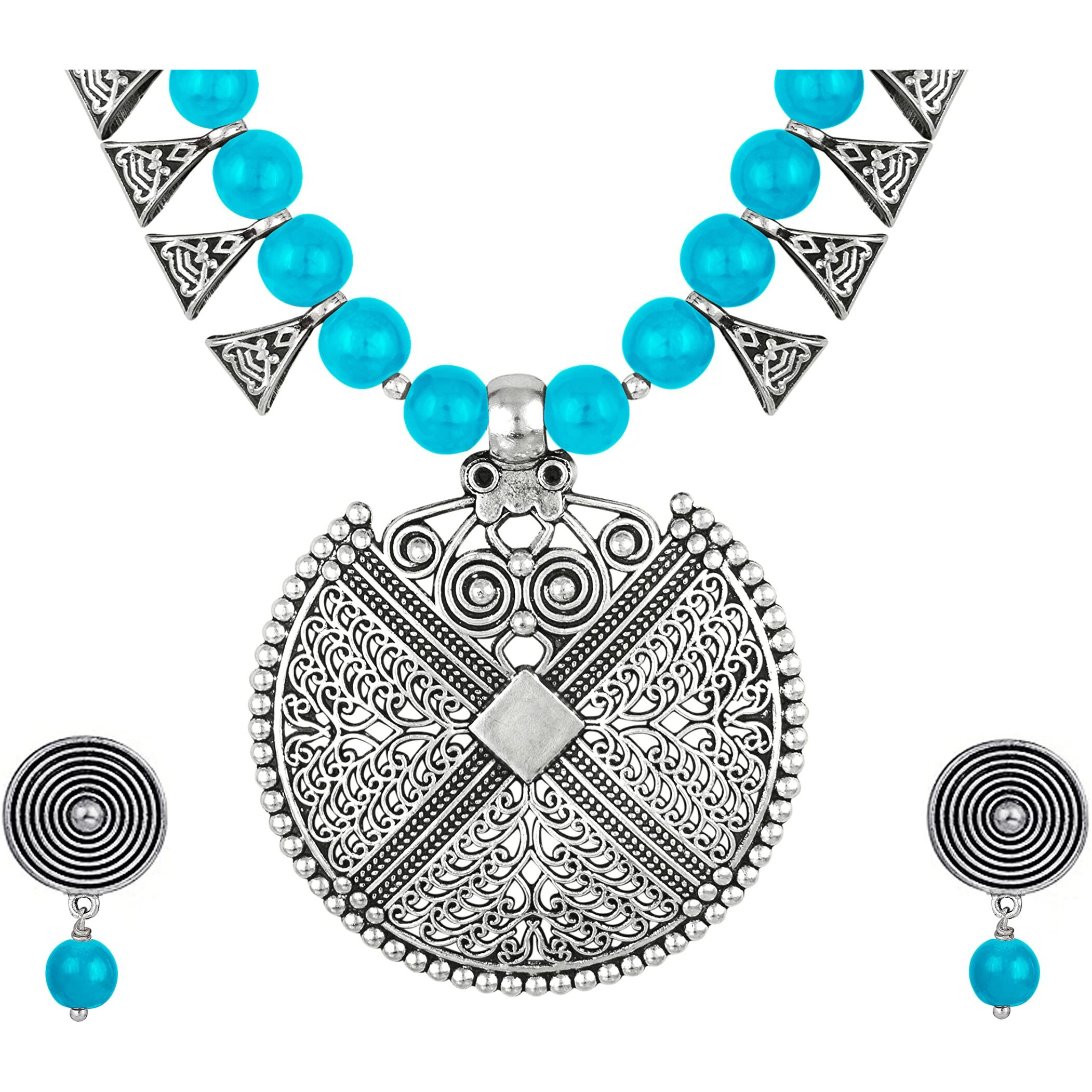 JFL - Jewellery for Less Womens Contemporary Fashion German Silver Oxidized and Beaded Choker Necklace Set with Adjustable Thread (Turquoise Blue),Valentine