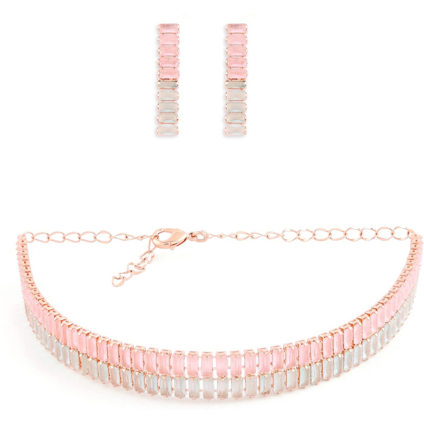 ZAVERI PEARLS Green & Pink Dazzling Baguette Cubic Zirconia Party Bling Necklace & Earring Set For Women-ZPFK14026