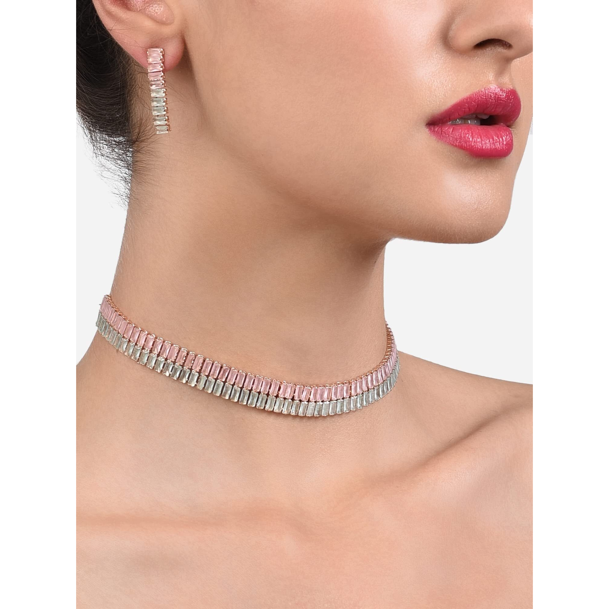 ZAVERI PEARLS Green & Pink Dazzling Baguette Cubic Zirconia Party Bling Necklace & Earring Set For Women-ZPFK14026