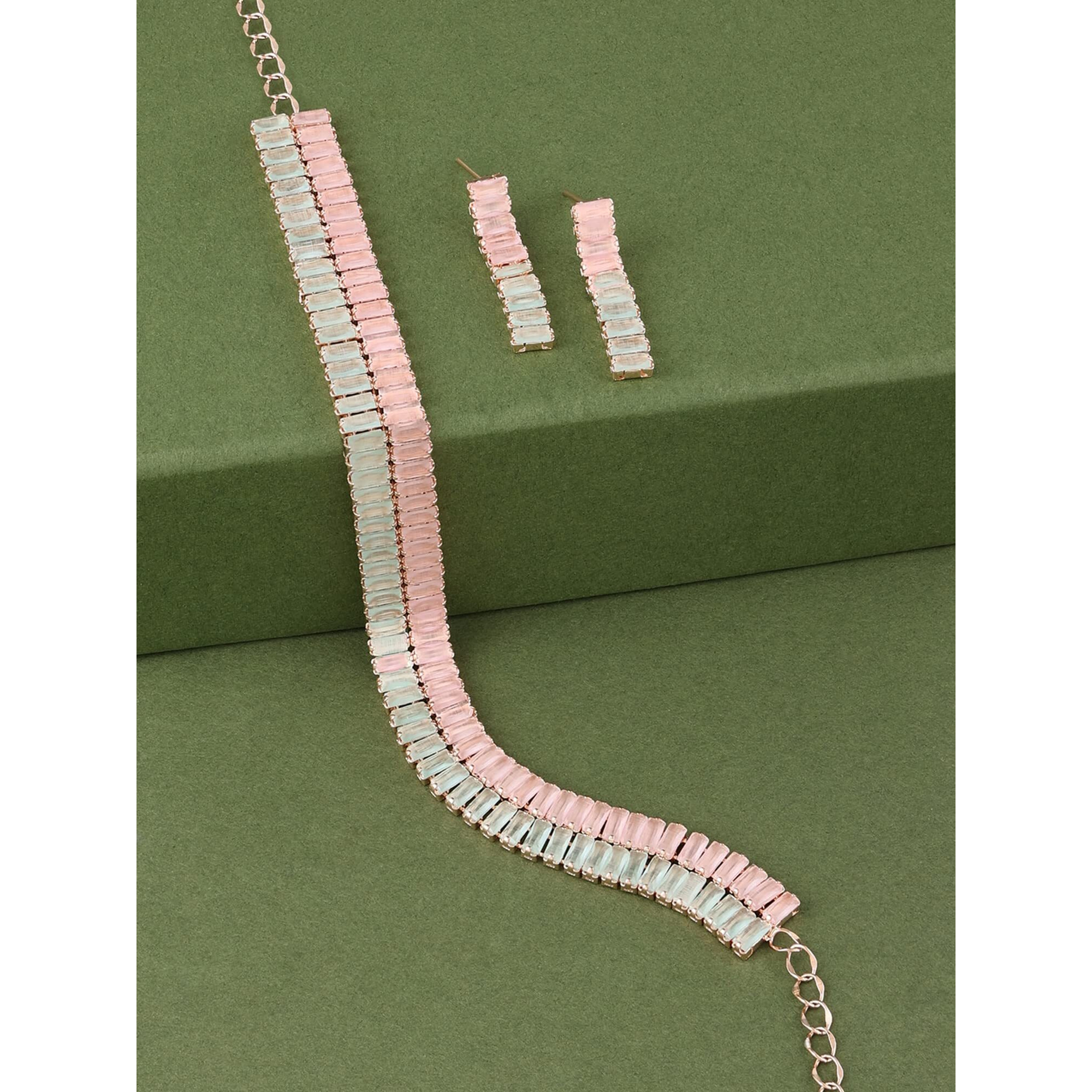 ZAVERI PEARLS Green & Pink Dazzling Baguette Cubic Zirconia Party Bling Necklace & Earring Set For Women-ZPFK14026