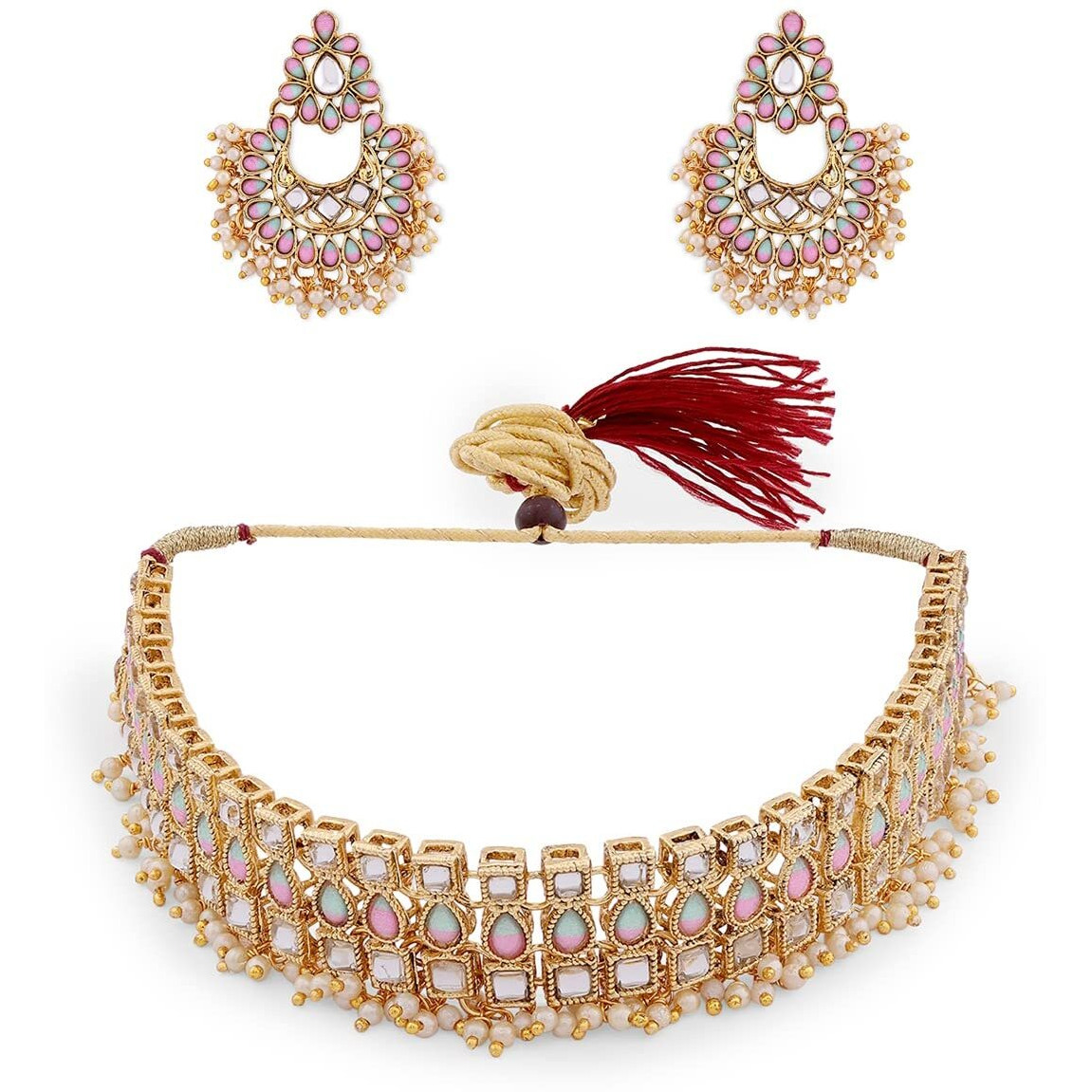 ZAVERI PEARLS Pink & Green Stones Studded Traditional Necklace & Earring Set For Women-ZPFK13799