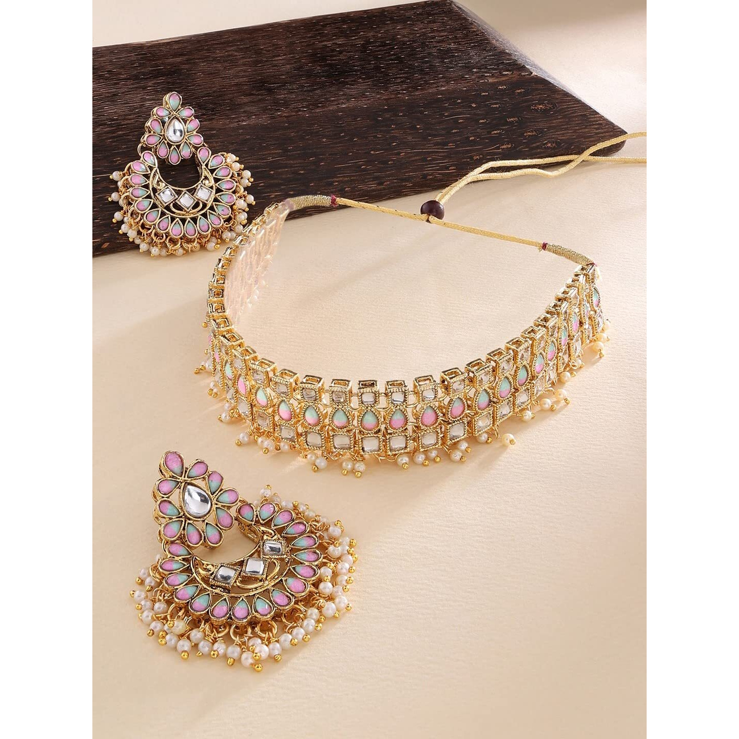 ZAVERI PEARLS Pink & Green Stones Studded Traditional Necklace & Earring Set For Women-ZPFK13799
