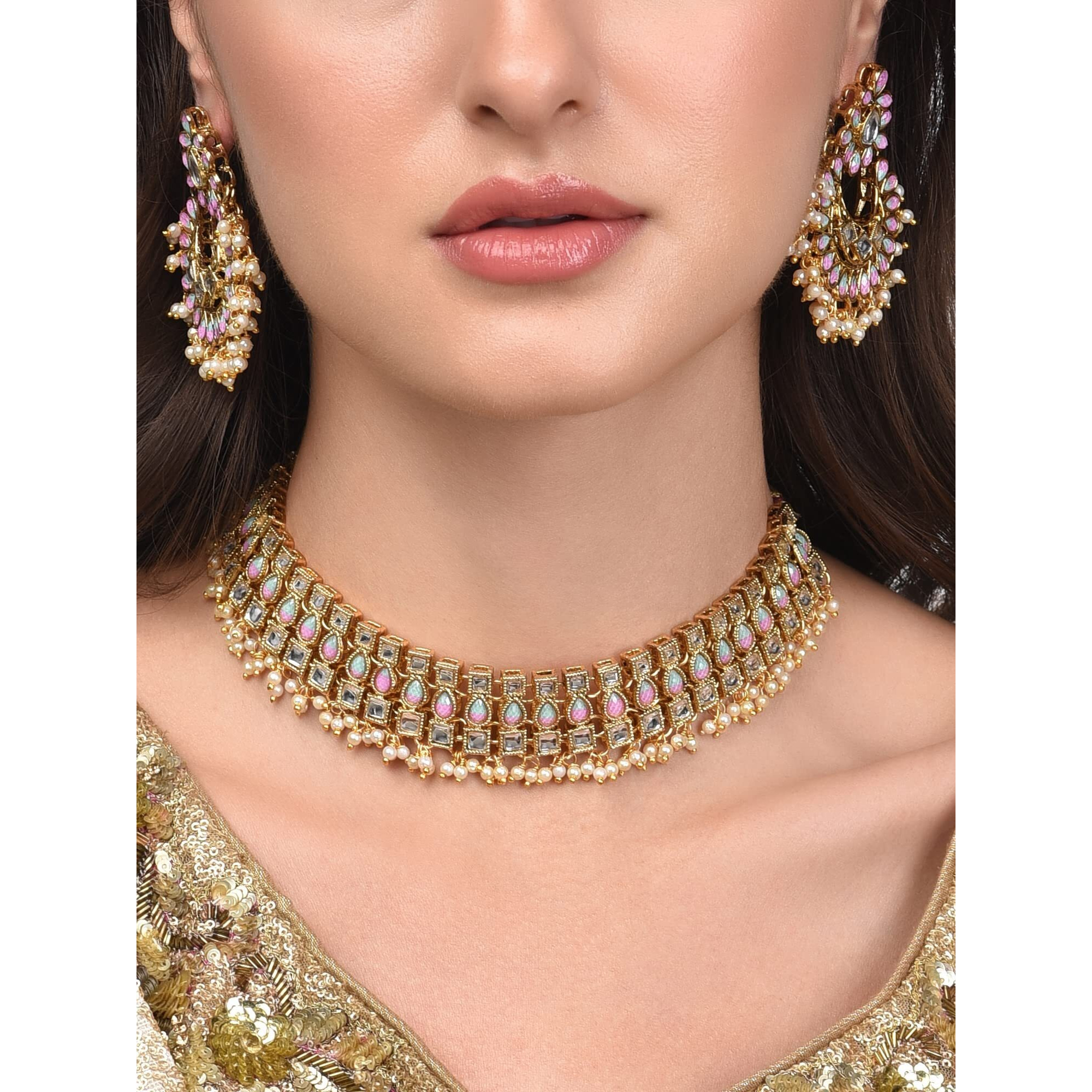 ZAVERI PEARLS Pink & Green Stones Studded Traditional Necklace & Earring Set For Women-ZPFK13799