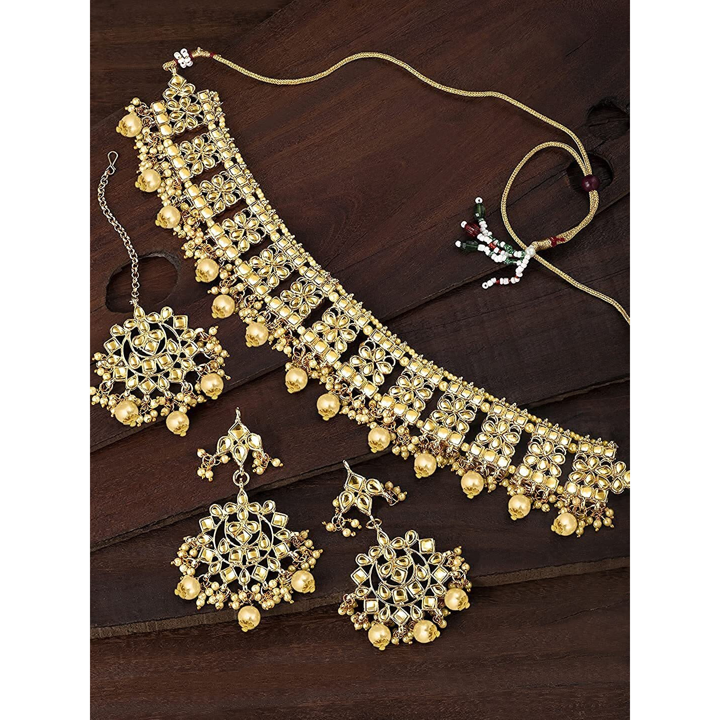 I Jewels Gold Plated Traditional Kundan & Pearl Studded Choker Necklace Jewellery Set with Earrings & Maang Tikka For Women (K7069FL)