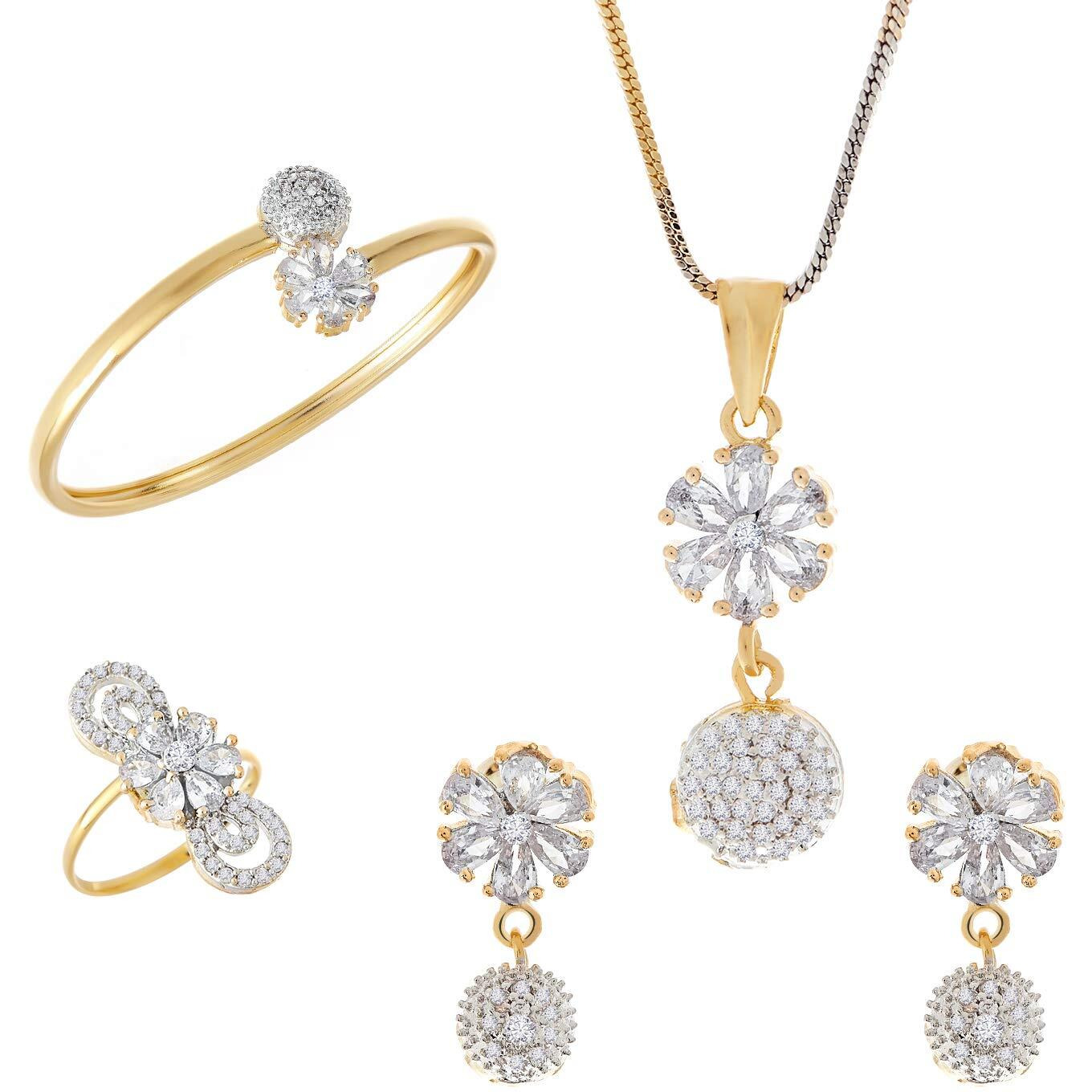ZENEME Valentine Gift Combo of Gold Plated White Colored and American Diamond Pendant with Earrings, Bracelet and Ring for Women (White Round)