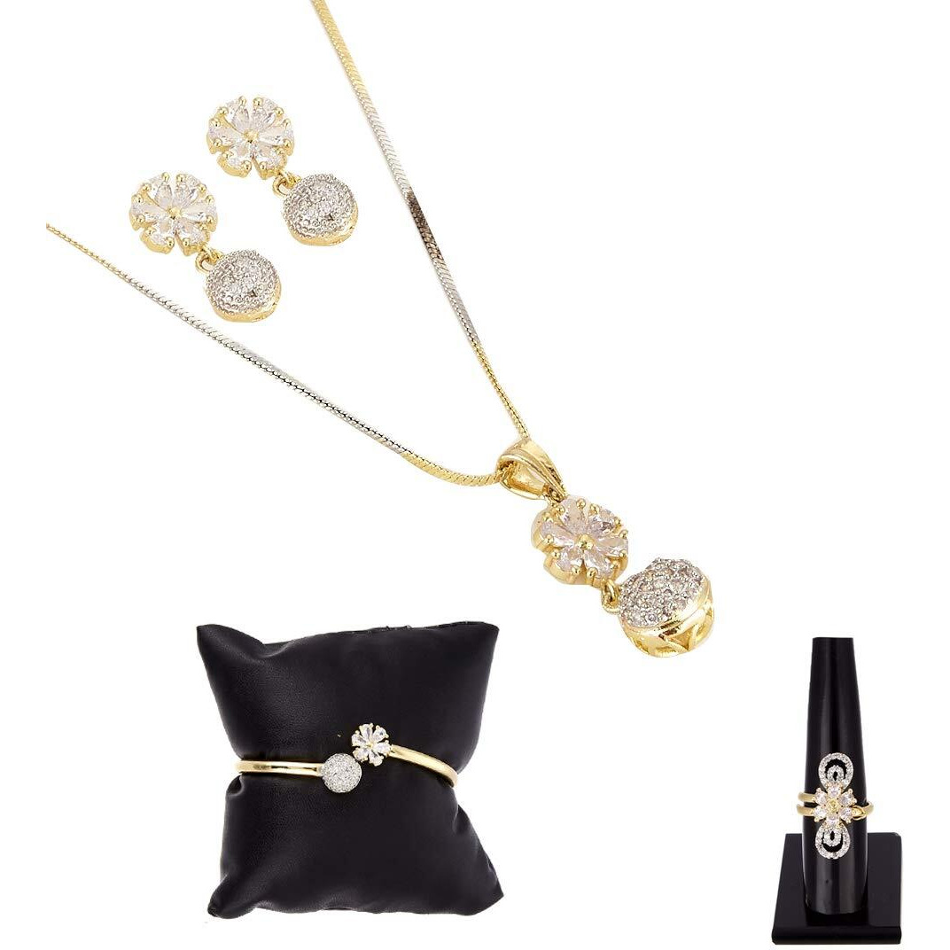 ZENEME Valentine Gift Combo of Gold Plated White Colored and American Diamond Pendant with Earrings, Bracelet and Ring for Women (White Round)