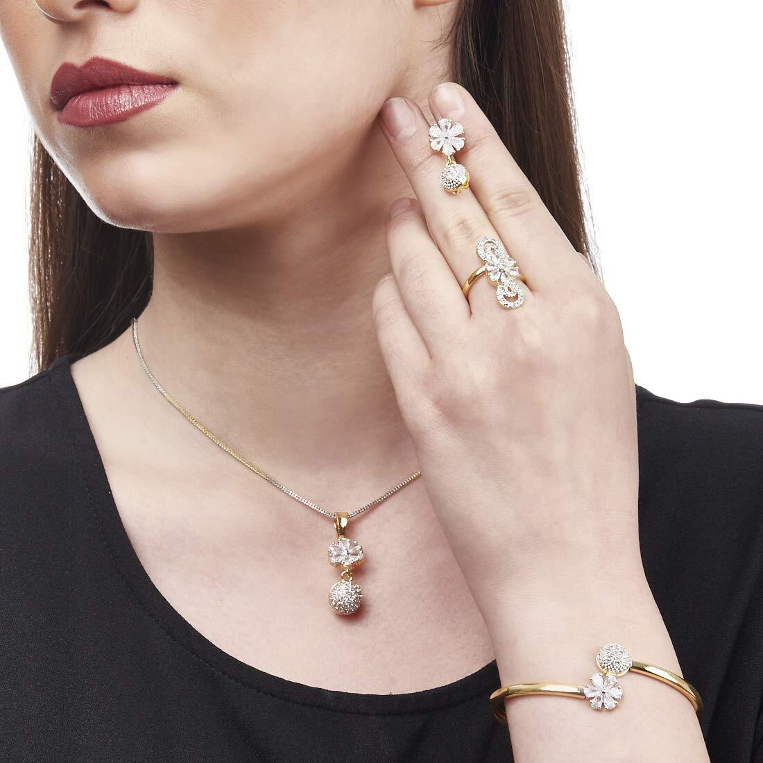 ZENEME Valentine Gift Combo of Gold Plated White Colored and American Diamond Pendant with Earrings, Bracelet and Ring for Women (White Round)