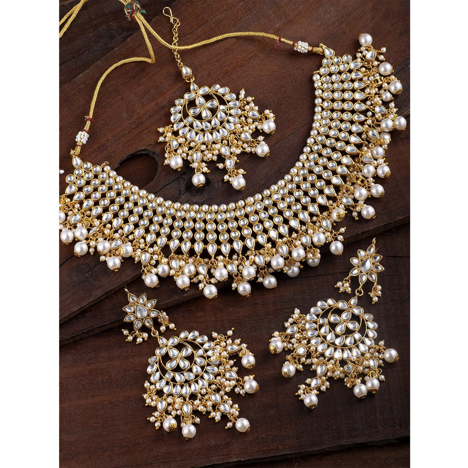 Peora Gold Plated White Pearl Kundan Choker Necklace with Earring Maang Tikka Traditional Ethnic Bridal Jewellery Set for Women
