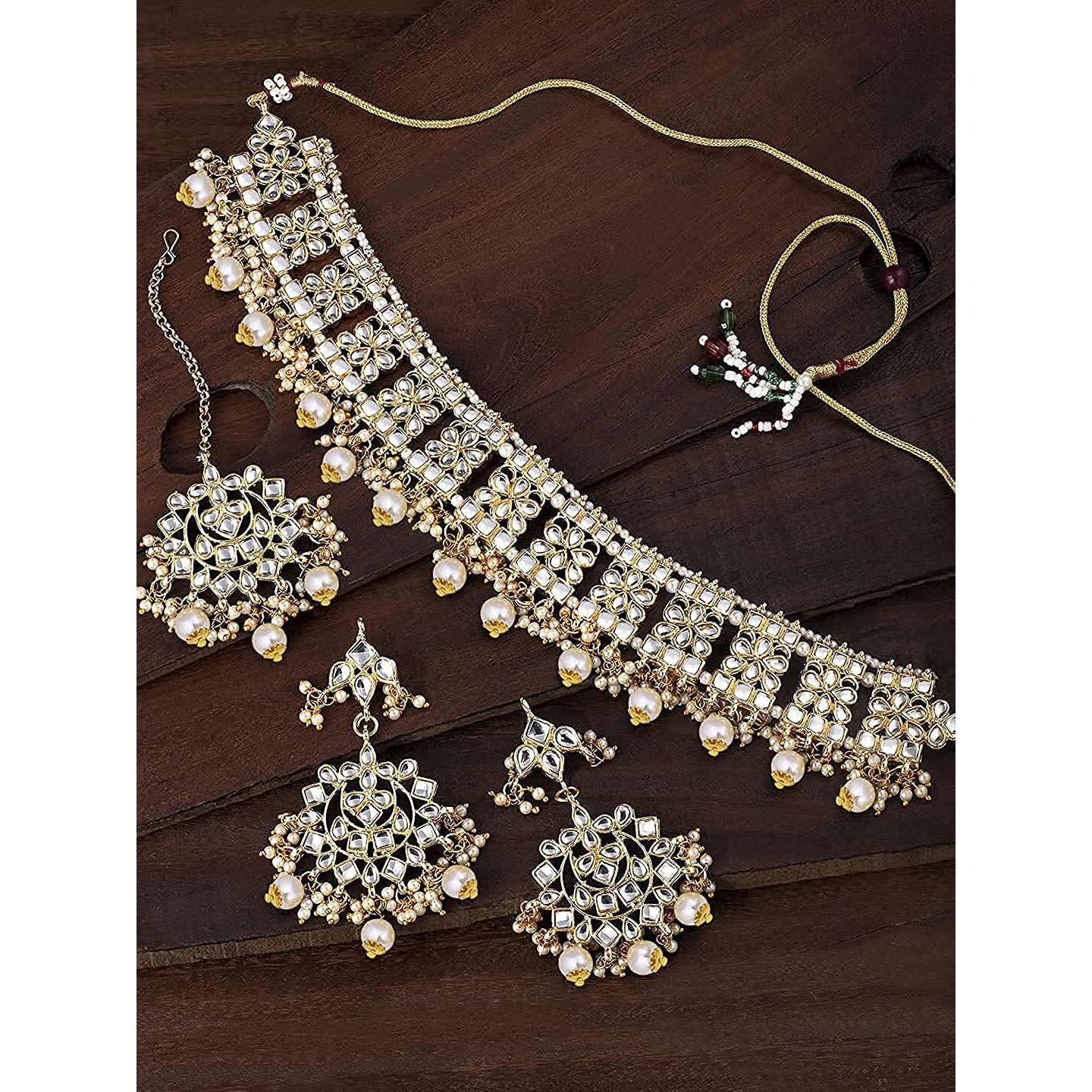 I Jewels Gold Plated Traditional Kundan & Pearl Studded Choker Necklace Jewellery Set with Earrings & Maang Tikka For Women (K7069W)