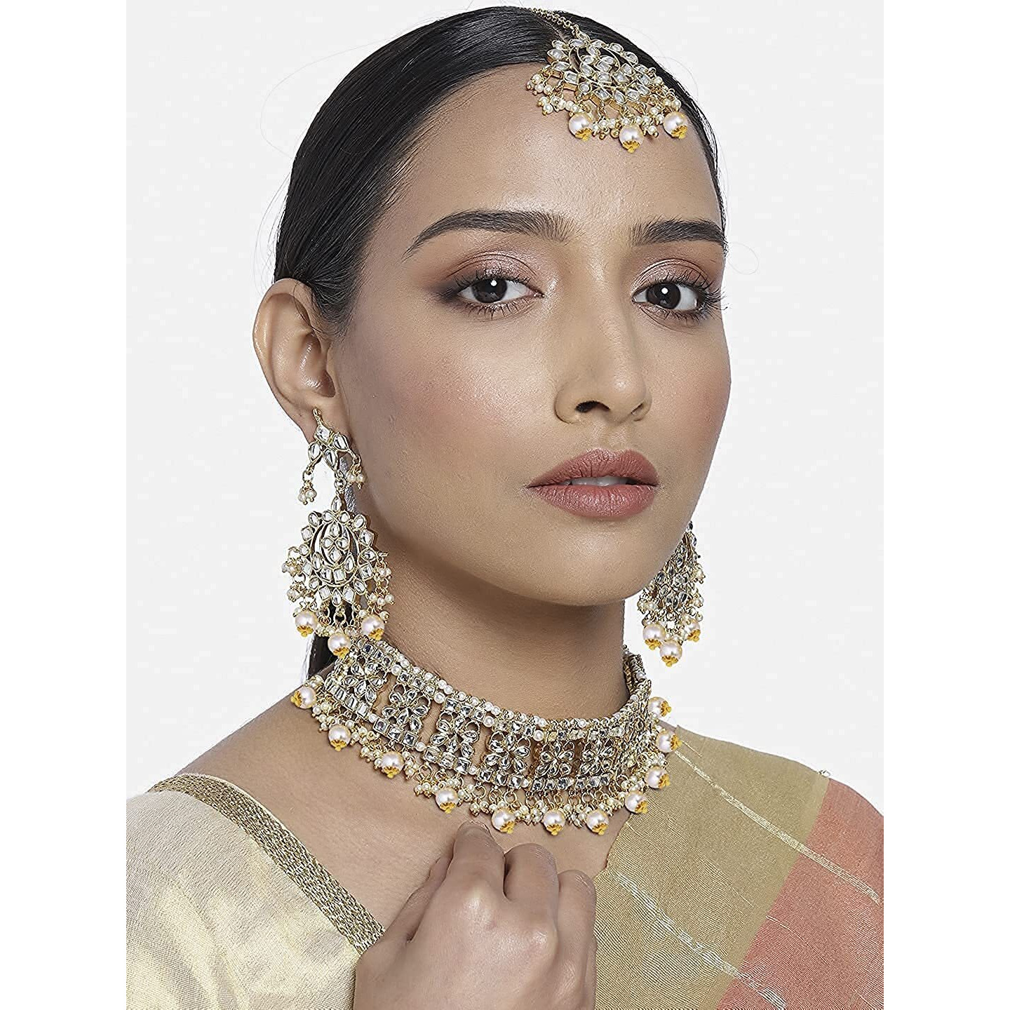 I Jewels Gold Plated Traditional Kundan & Pearl Studded Choker Necklace Jewellery Set with Earrings & Maang Tikka For Women (K7069W)