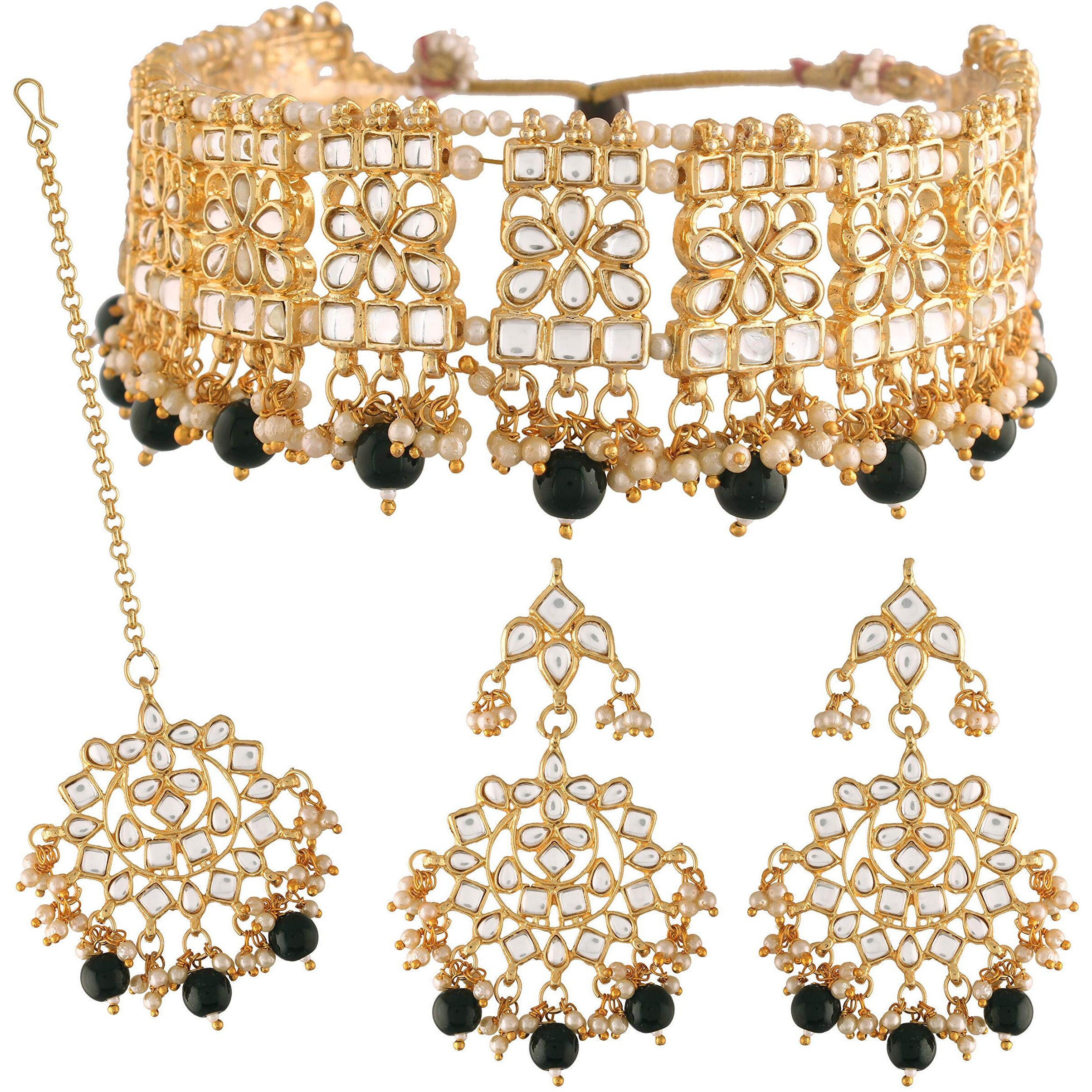 I Jewels Gold Plated Traditional Black Pearl Drop Kundan Choker Necklace With Earrings And Maang Tikka Jewellery Set For Women (K7069B)