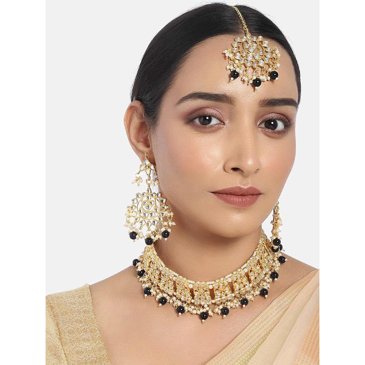 I Jewels Gold Plated Traditional Black Pearl Drop Kundan Choker Necklace With Earrings And Maang Tikka Jewellery Set For Women (K7069B)