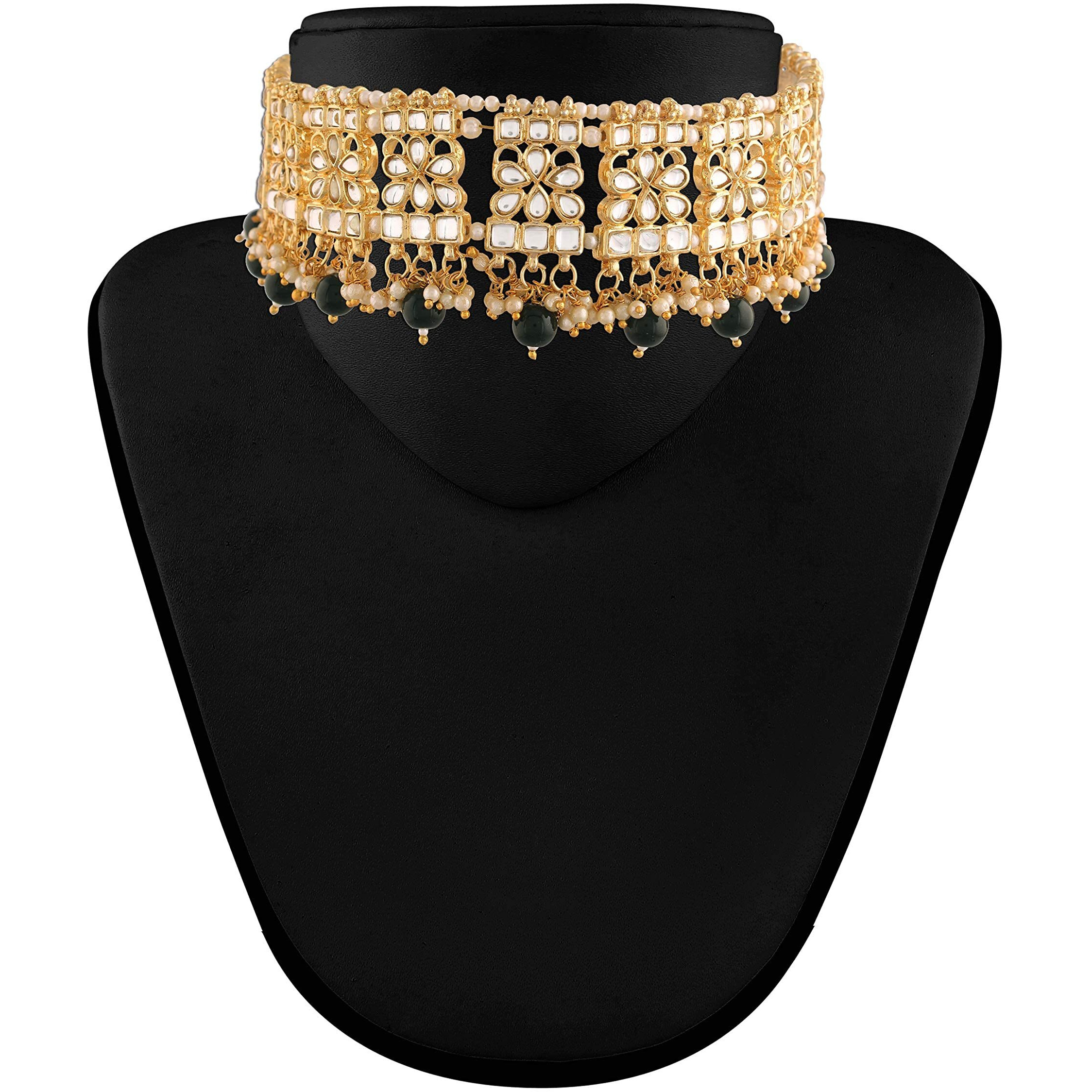 I Jewels Gold Plated Traditional Black Pearl Drop Kundan Choker Necklace With Earrings And Maang Tikka Jewellery Set For Women (K7069B)