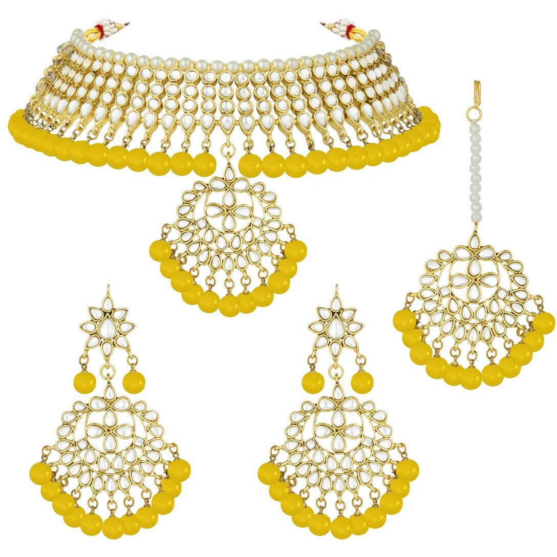 Peora Gold Plated Pearl Kundan Choker Necklace Dangle Earring Maang Tikka Traditional Jewellery Set for Women (Yellow)