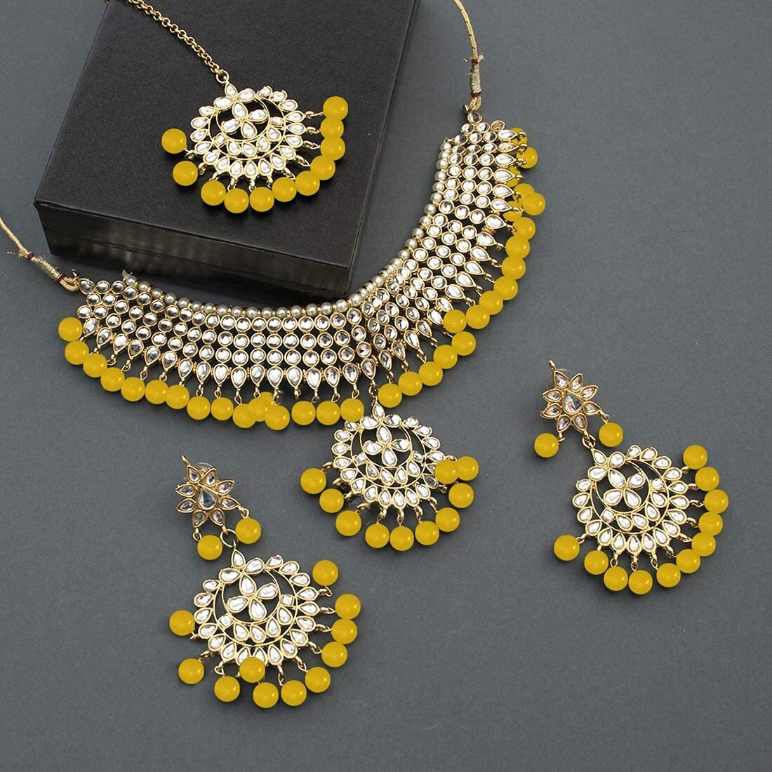 Peora Gold Plated Pearl Kundan Choker Necklace Dangle Earring Maang Tikka Traditional Jewellery Set for Women (Yellow)