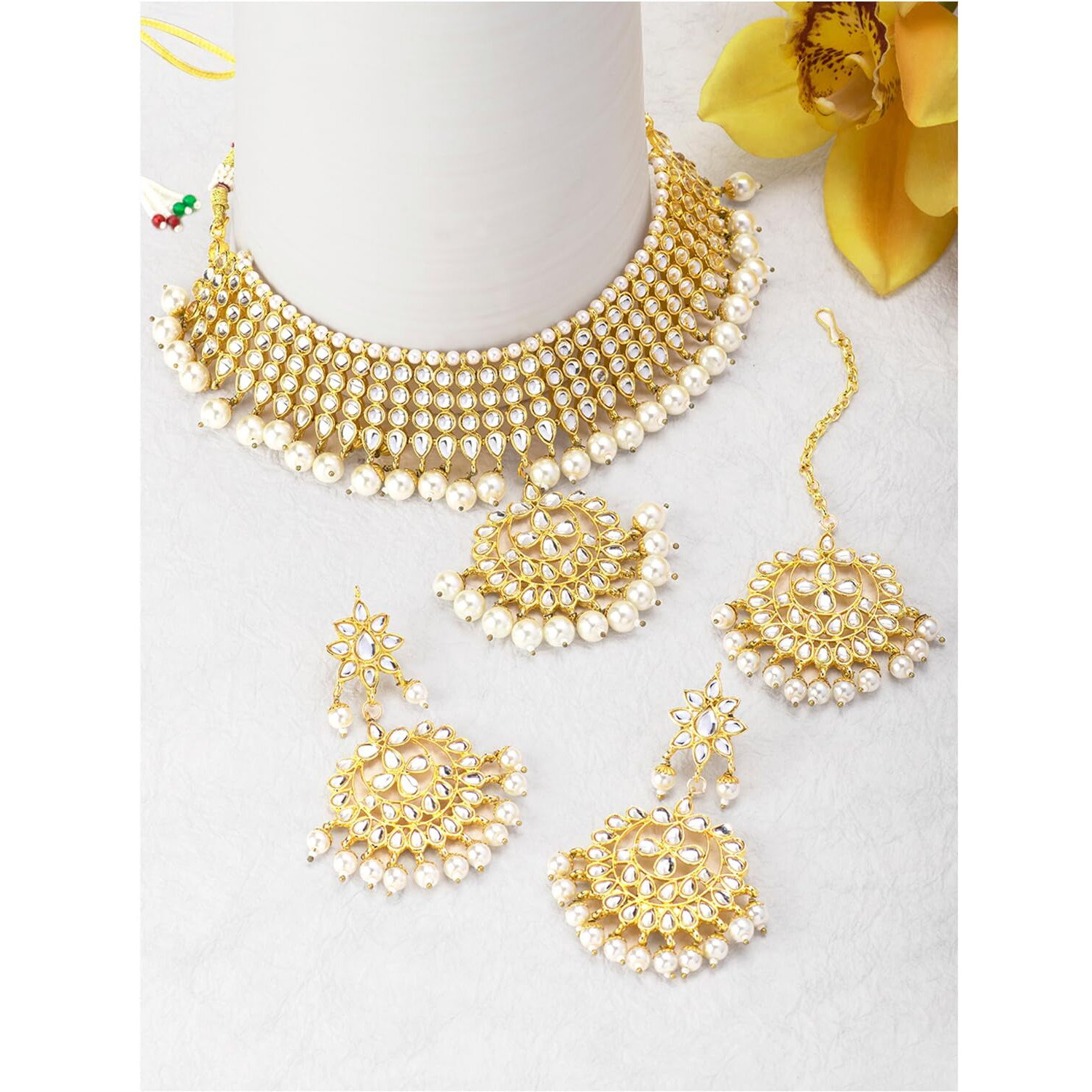 Peora Gold-plated Brass and Kundan, Pearl Necklace Earring Set With Maang Tikka for Women & Girls (Gold & White)