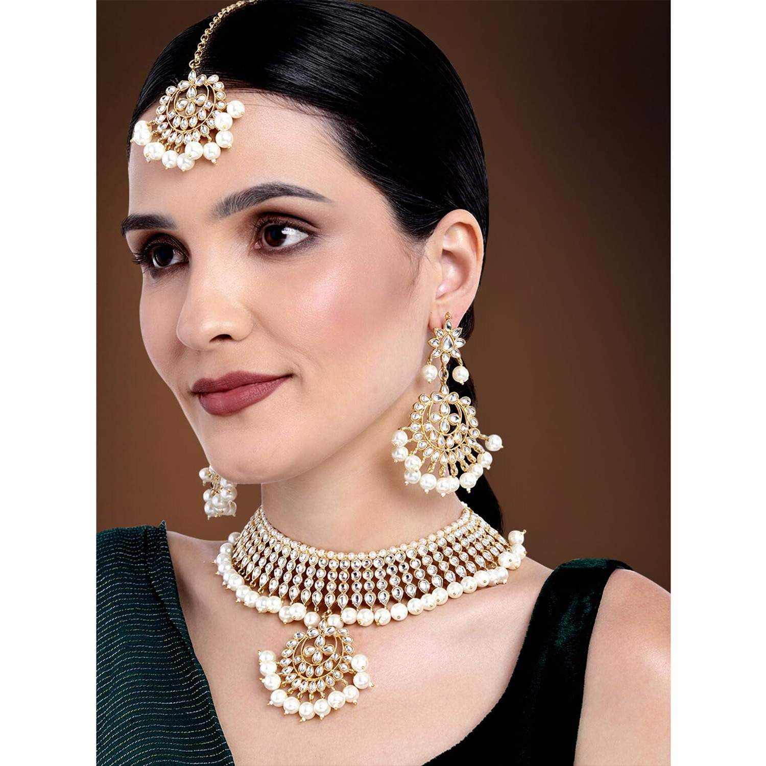 Peora Gold-plated Brass and Kundan, Pearl Necklace Earring Set With Maang Tikka for Women & Girls (Gold & White)