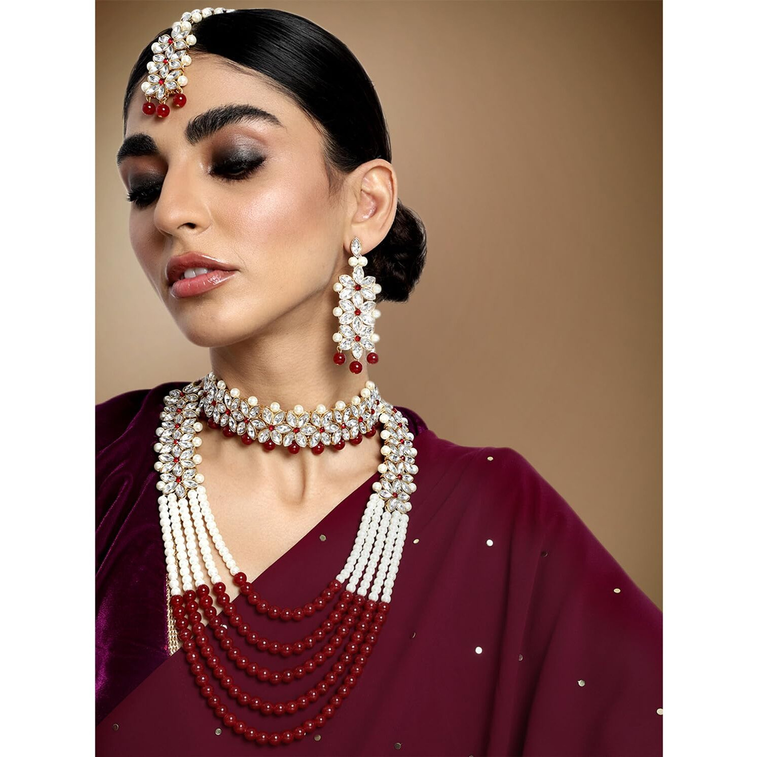 Peora Indian Traditional Gold Plated Crystal Pearl Wedding Bridal Necklace Jewellery Set with Earring Maang Tikka for Women Girls