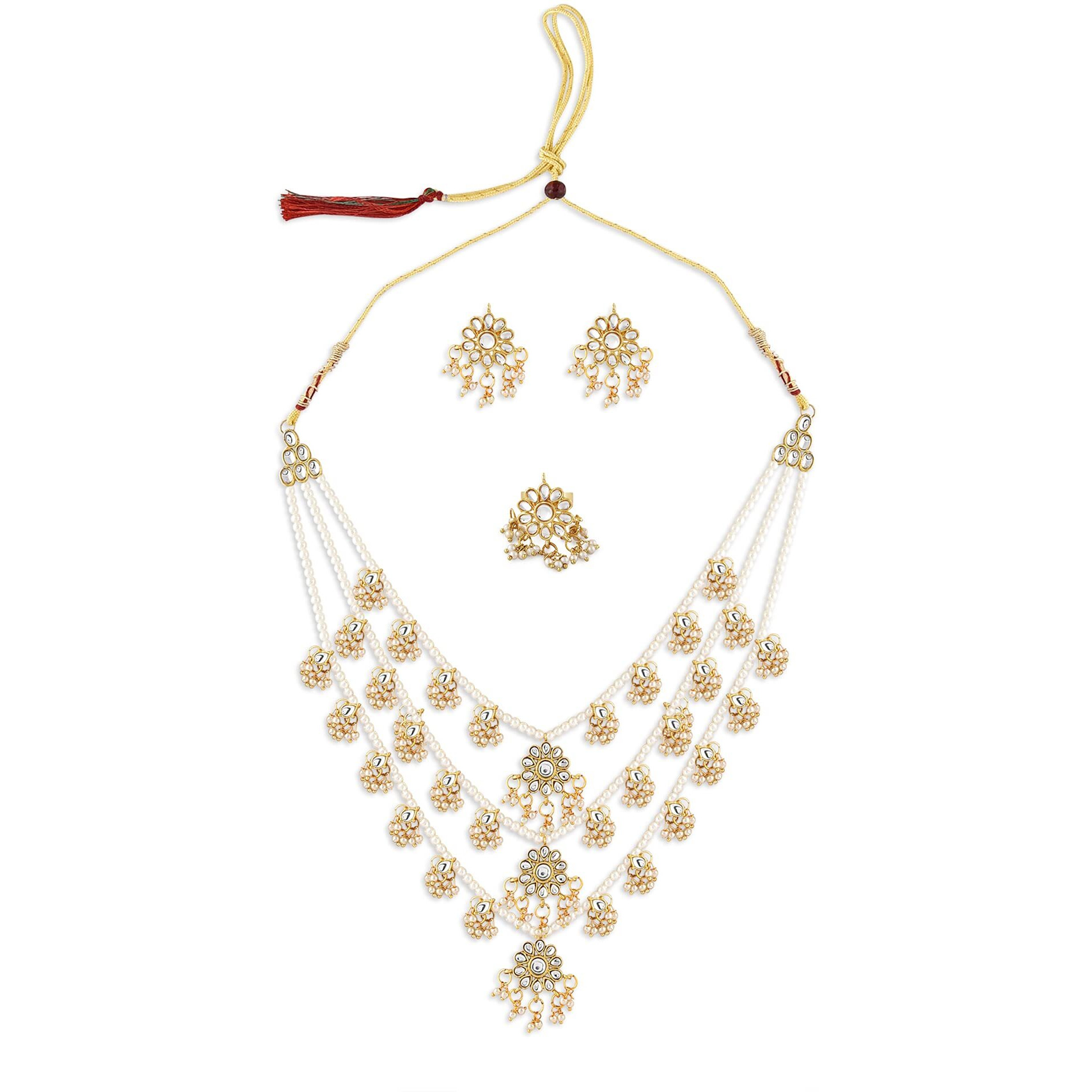 ZAVERI PEARLS Gold Tone Layered Kundan & Pearls Necklace Earring & Ring Set For Women-ZPFK10816