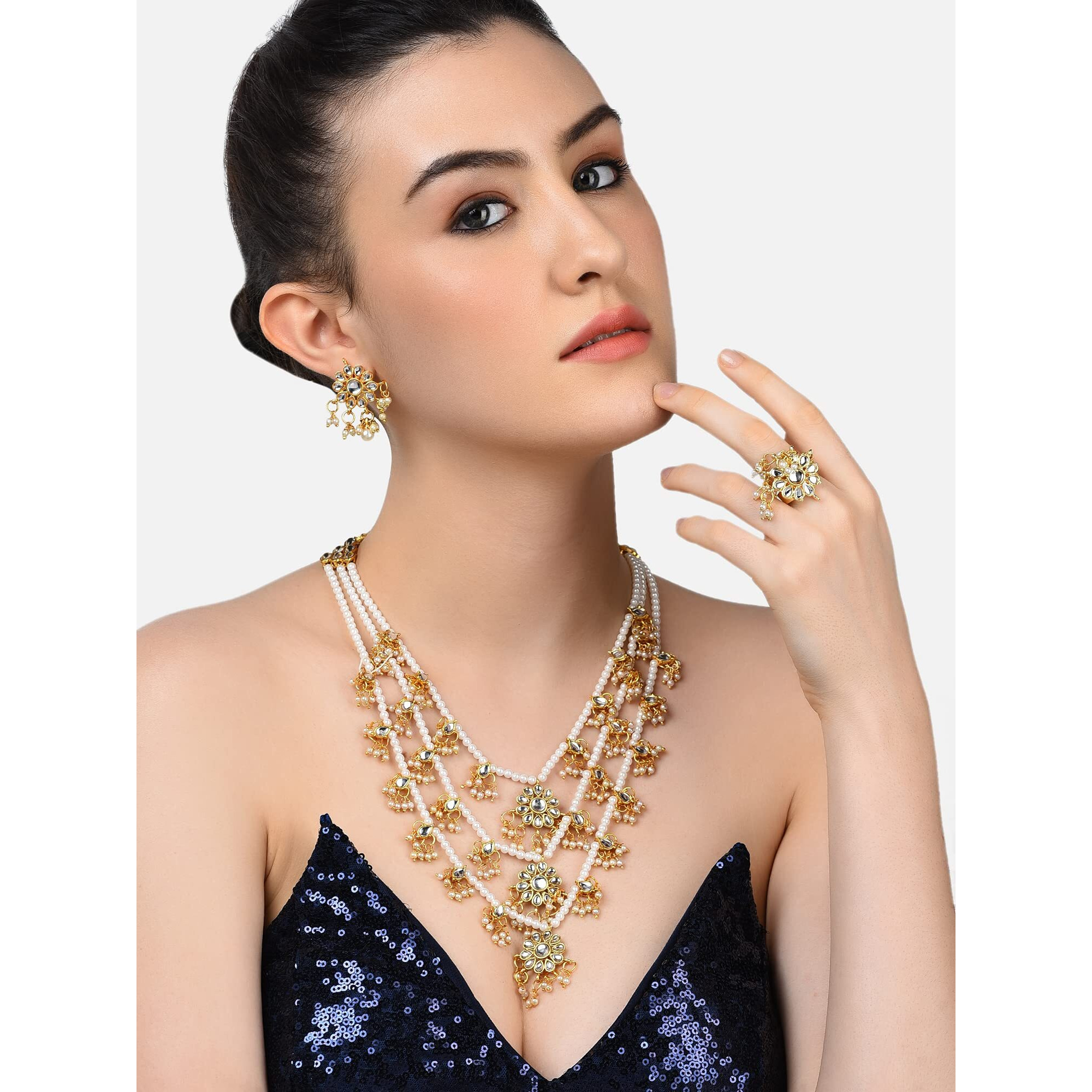 ZAVERI PEARLS Gold Tone Layered Kundan & Pearls Necklace Earring & Ring Set For Women-ZPFK10816
