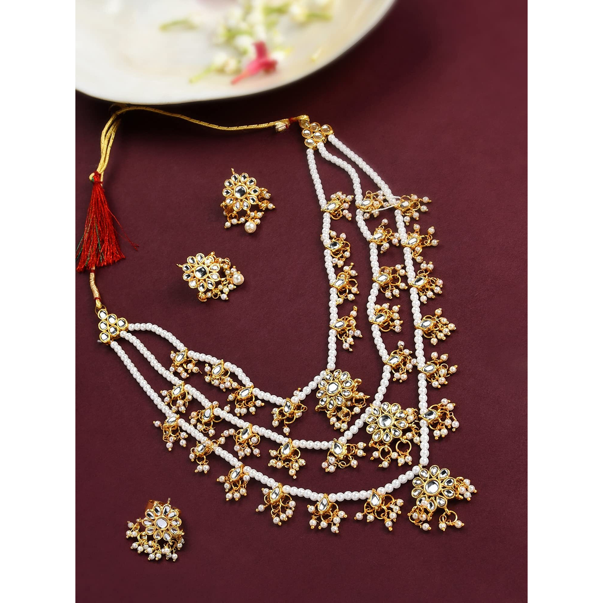 ZAVERI PEARLS Gold Tone Layered Kundan & Pearls Necklace Earring & Ring Set For Women-ZPFK10816
