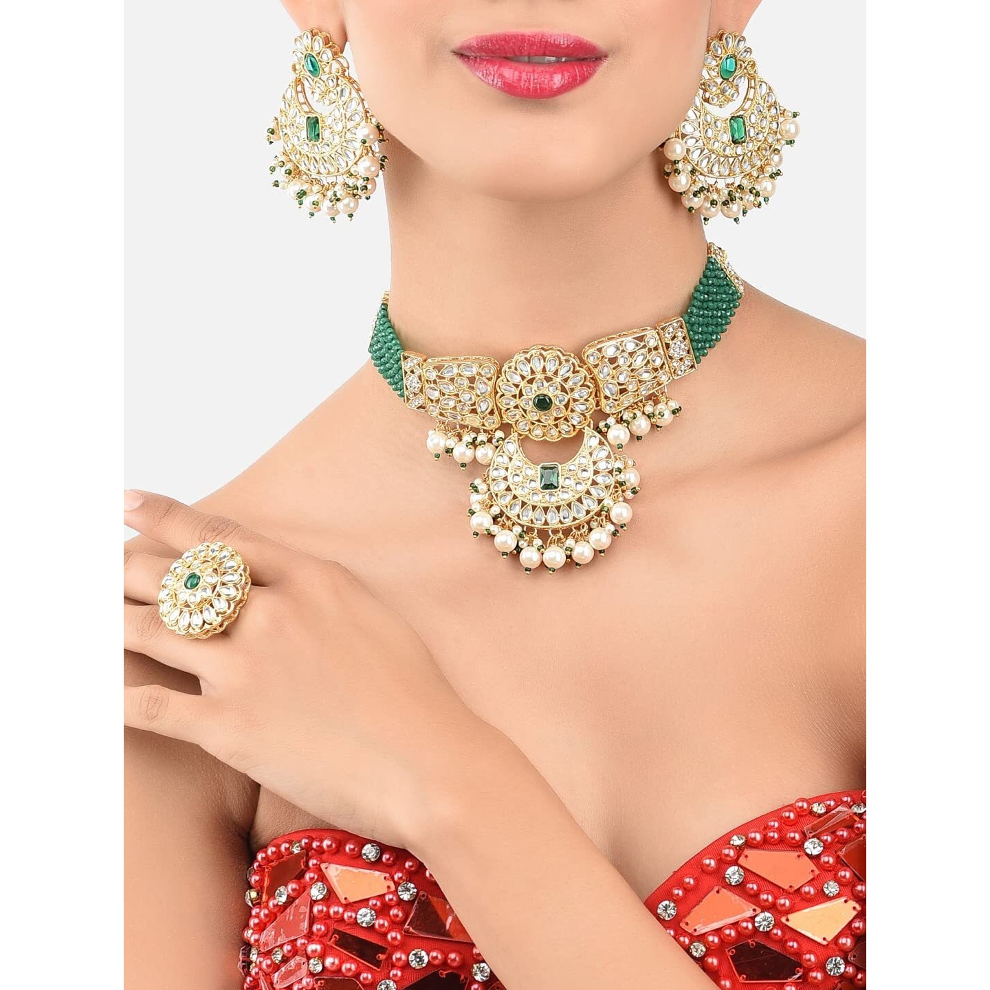 ZAVERI PEARLS Green Crystal Bridal Kundan Choker Necklace Earring & Ring Set For Women-ZPFK11438