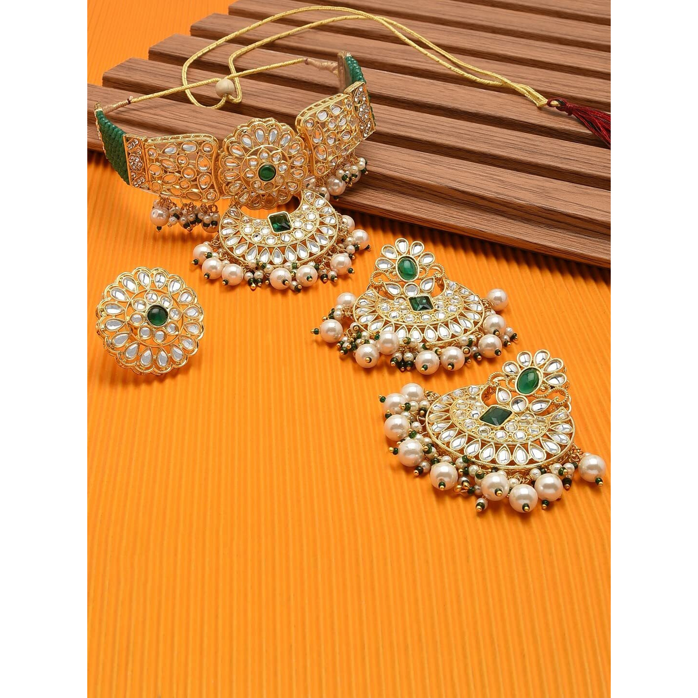 ZAVERI PEARLS Green Crystal Bridal Kundan Choker Necklace Earring & Ring Set For Women-ZPFK11438