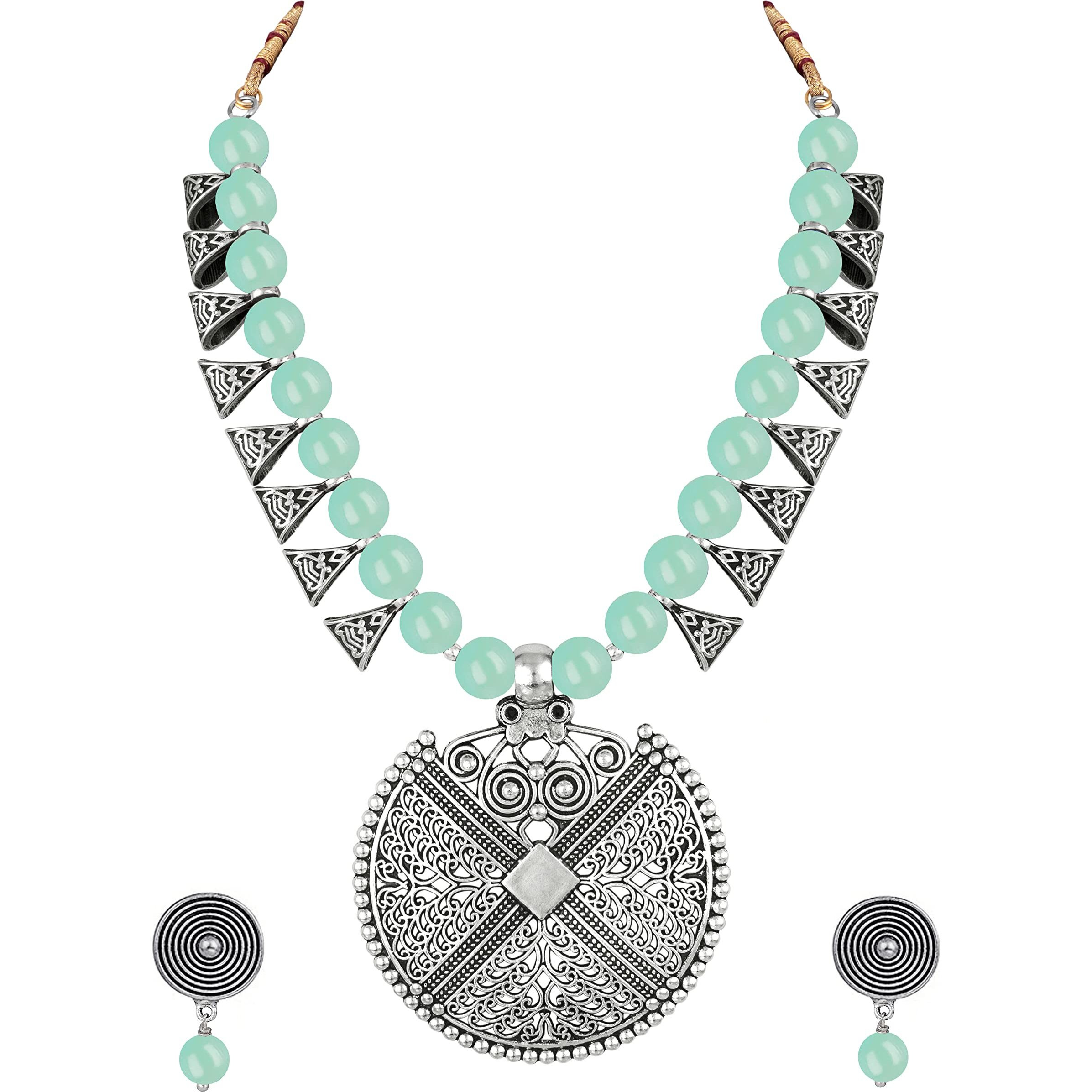 JFL - Jewellery for Less Womens Contemporary Fashion German Silver Oxidized and Beaded Choker Necklace Set with Adjustable Thread (Mint Green),Valentine