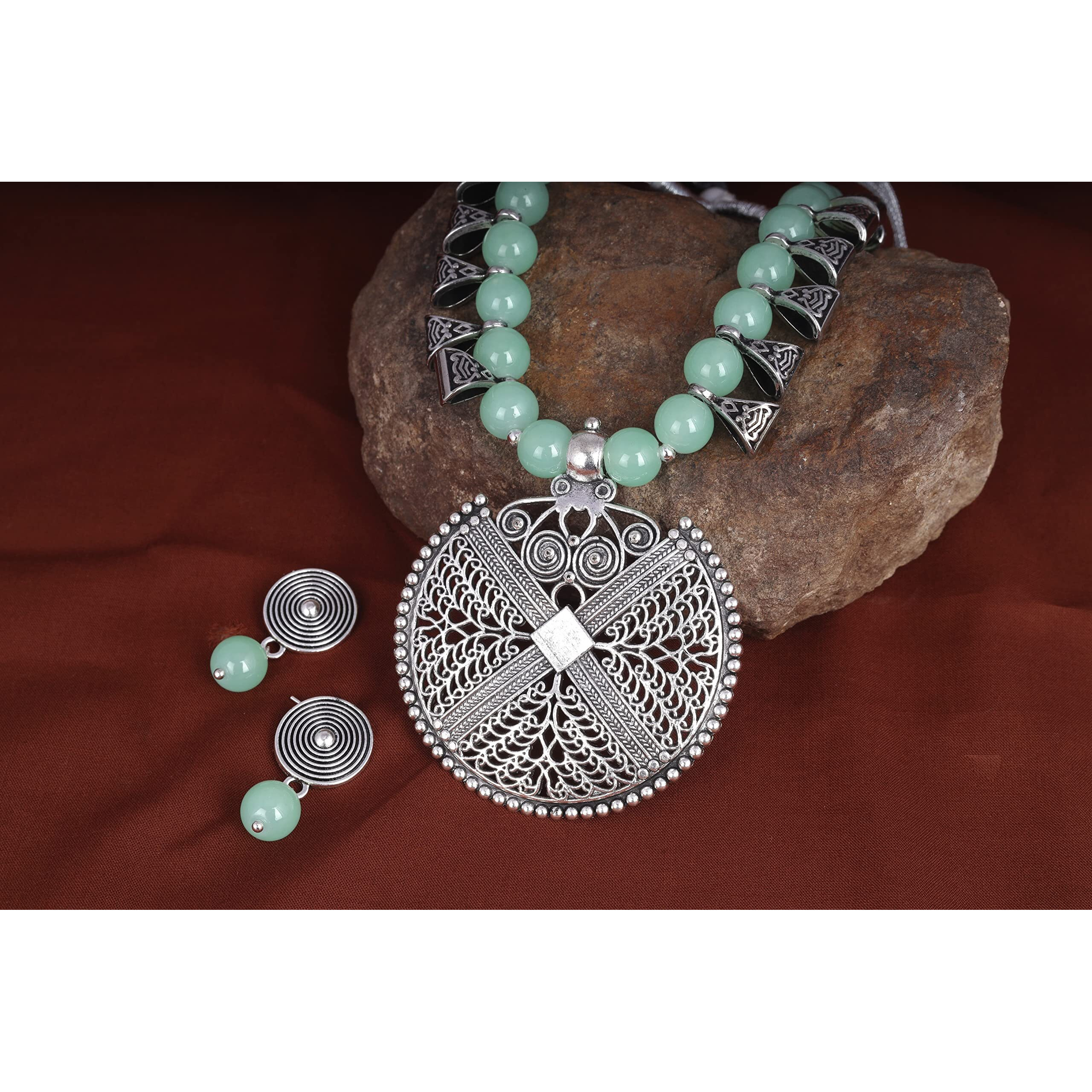 JFL - Jewellery for Less Womens Contemporary Fashion German Silver Oxidized and Beaded Choker Necklace Set with Adjustable Thread (Mint Green),Valentine