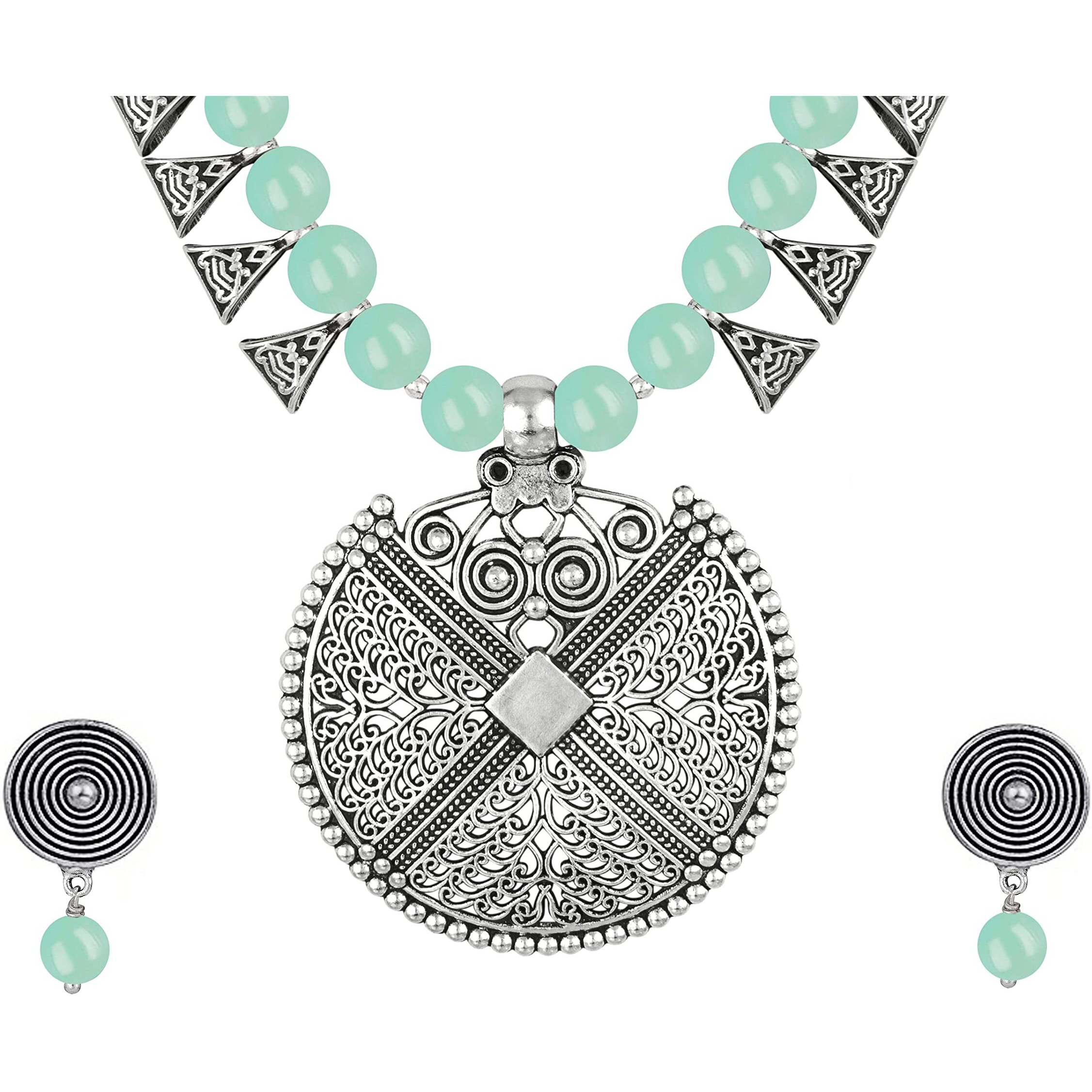 JFL - Jewellery for Less Womens Contemporary Fashion German Silver Oxidized and Beaded Choker Necklace Set with Adjustable Thread (Mint Green),Valentine