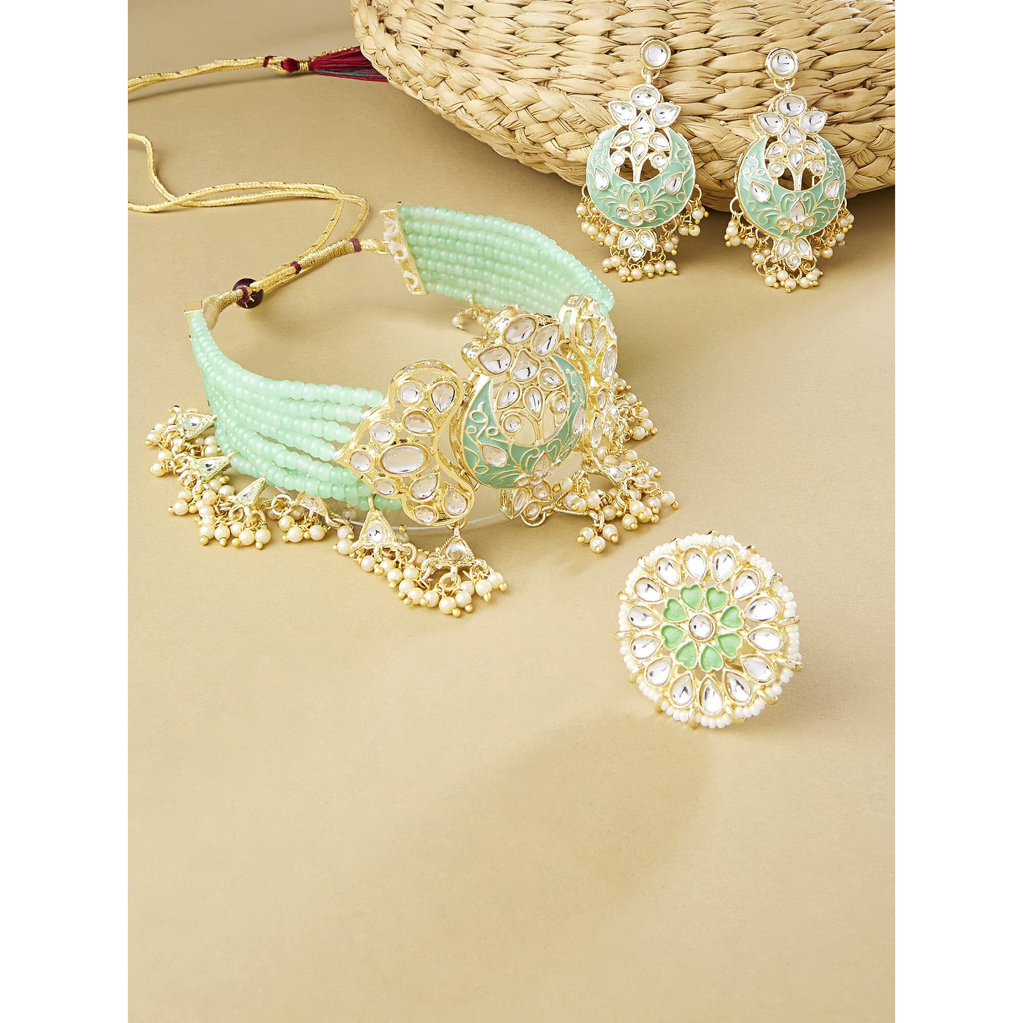 ZAVERI PEARLS Green Meenakari Multistrand Crystals Beaded Choker Necklace Earring & Ring Set For Women-ZPFK13648