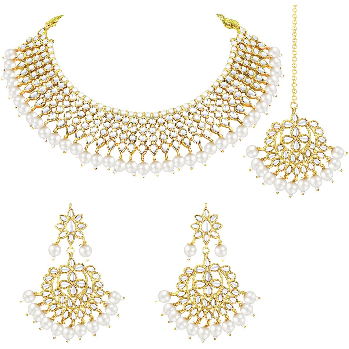 Peora 18K Gold Plated Traditional Kundan Pearl White Faux Pearl Choker Necklace with Earring Maang Tikka Jewellery Set for Women Girls