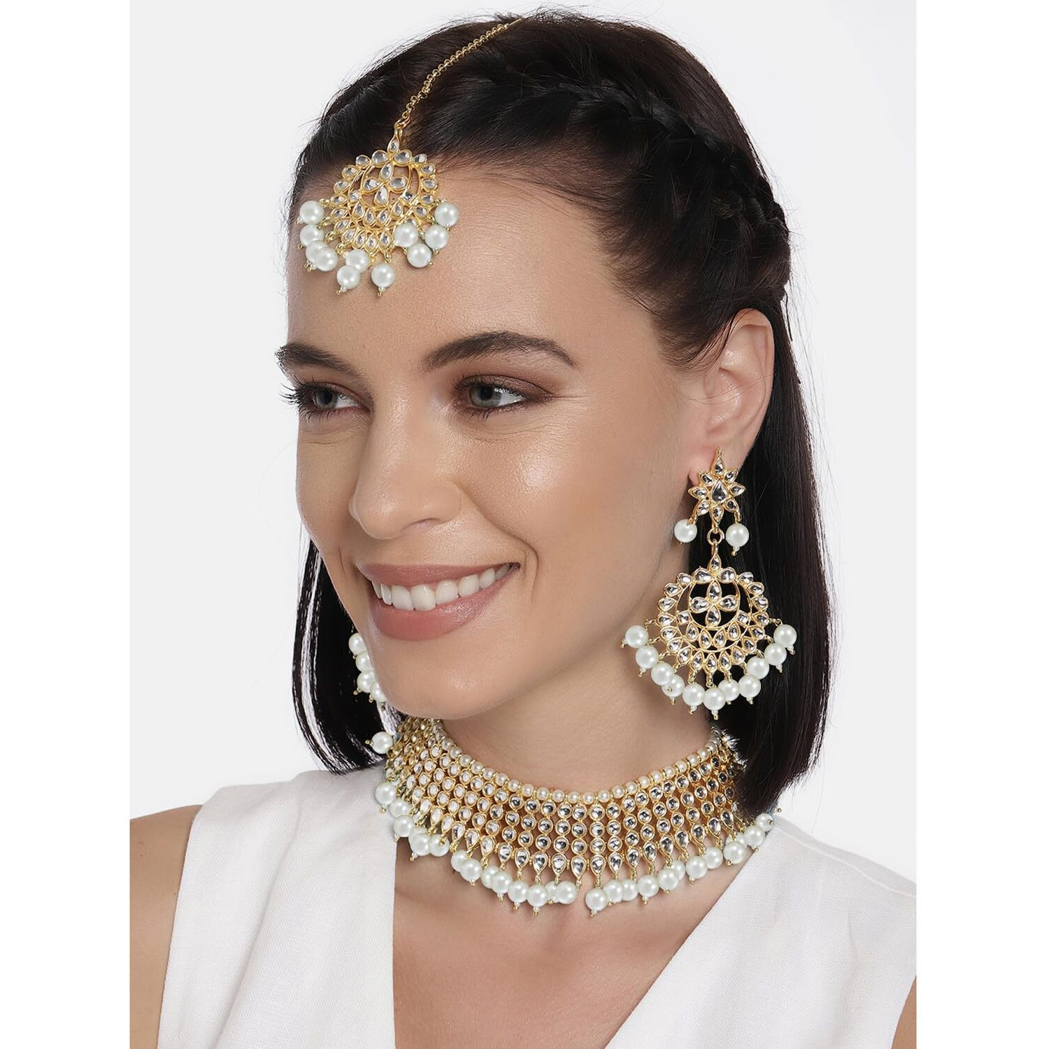 Peora 18K Gold Plated Traditional Kundan Pearl White Faux Pearl Choker Necklace with Earring Maang Tikka Jewellery Set for Women Girls