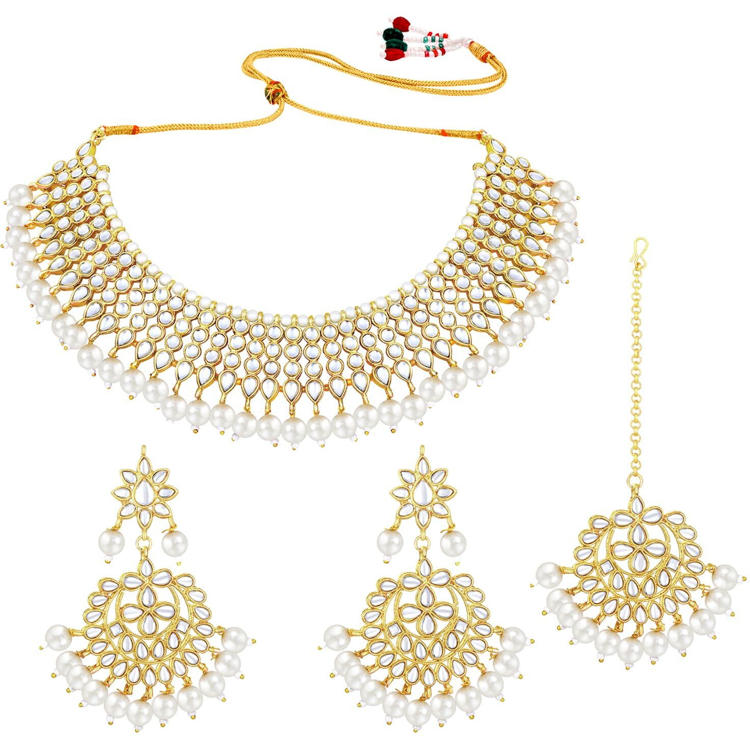 Peora 18K Gold Plated Traditional Kundan Pearl White Faux Pearl Choker Necklace with Earring Maang Tikka Jewellery Set for Women Girls