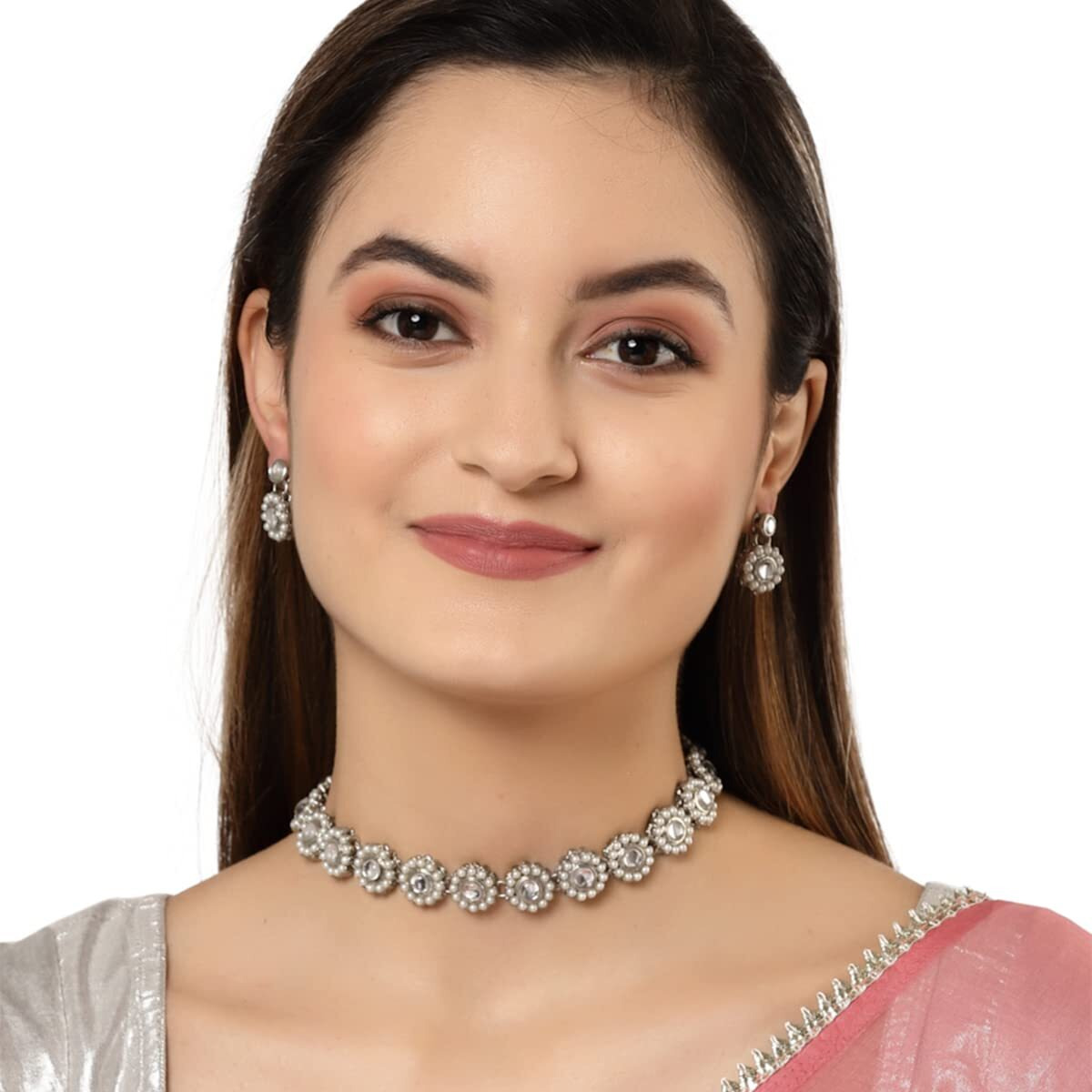 Karatcart Oxidised Silver White Kundan and Pearl Choker Necklace Set for Women