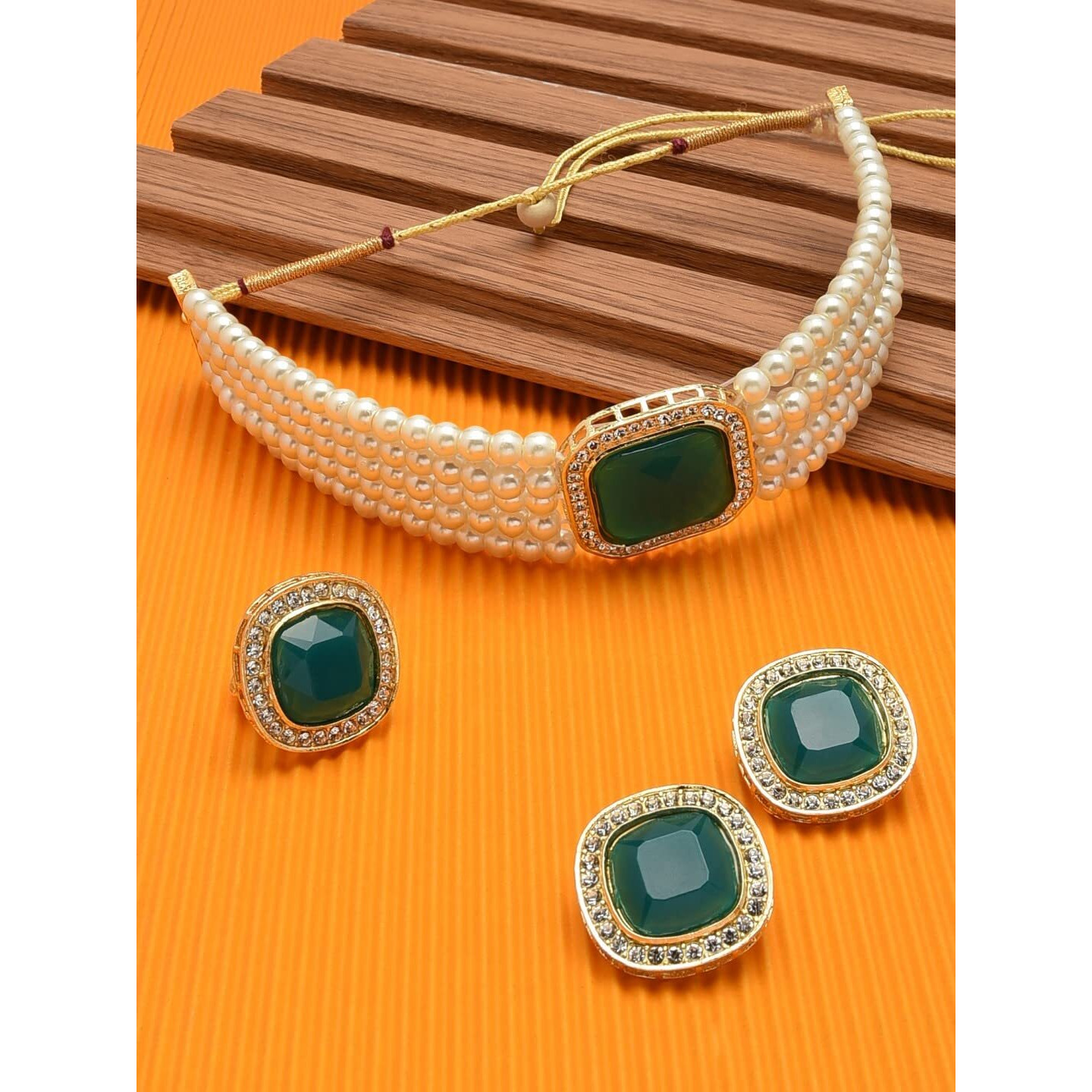 ZAVERI PEARLS Green Stone Studded Multistrand Choker Necklace Earring & Ring Set For Women-ZPFK11442