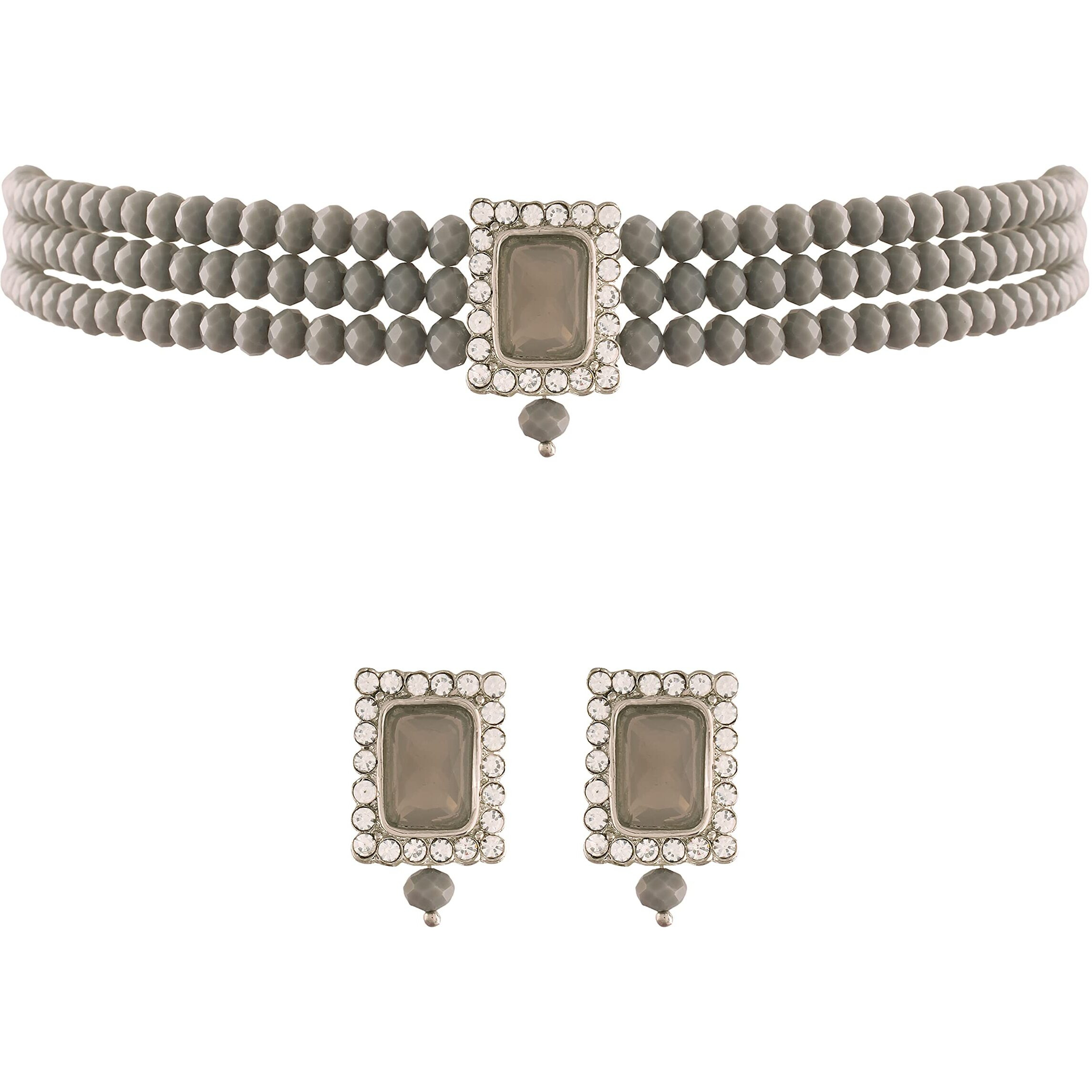 I Jewels Silver Plated Traditional Stone Pearl Choker Necklace Jewellery Set For Women/Girls (ML237ZGr)