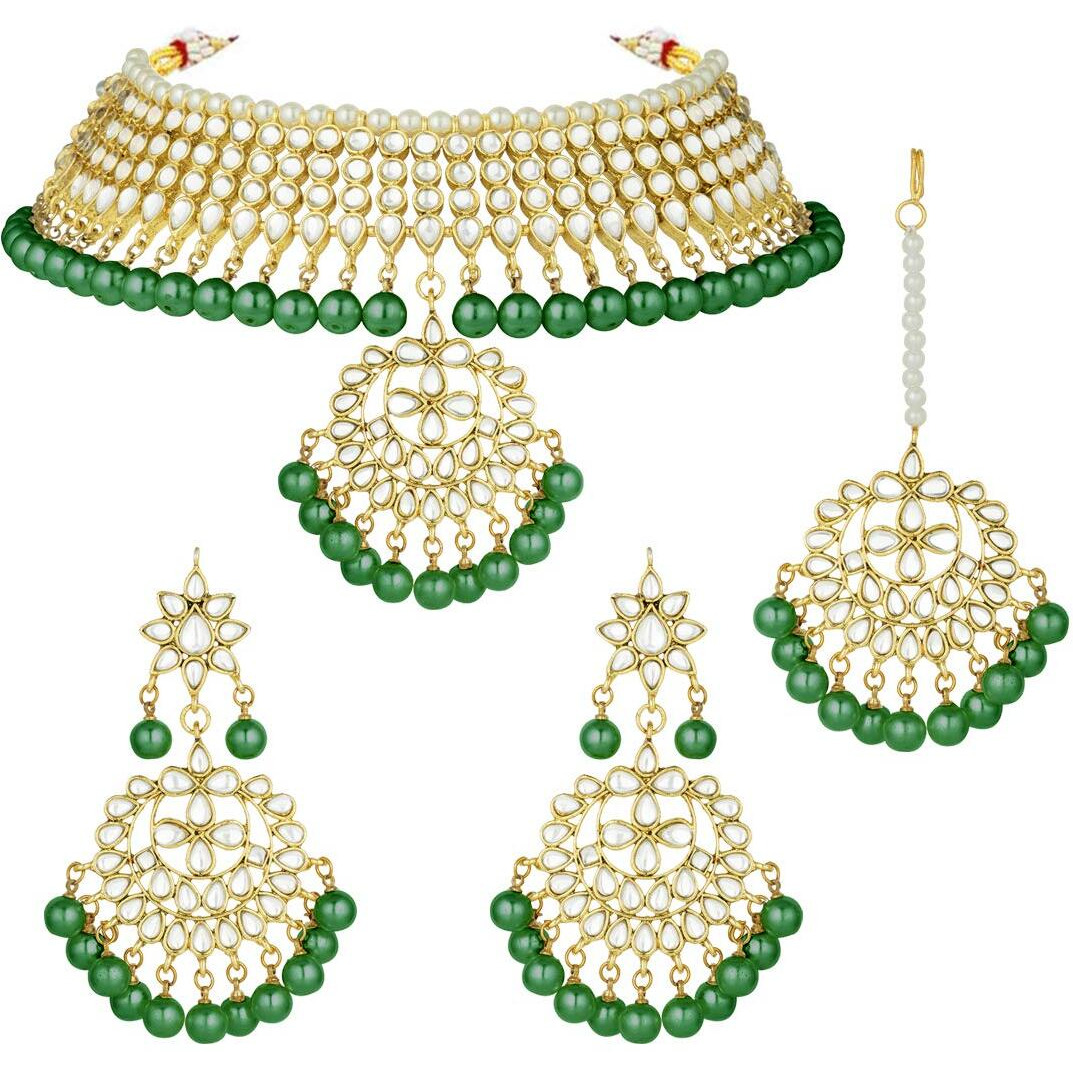 Peora Gold-plated Brass and Kundan, Pearl Necklace Earring Set With Maang Tikka for Women & Girls (Green_170.97 gms)