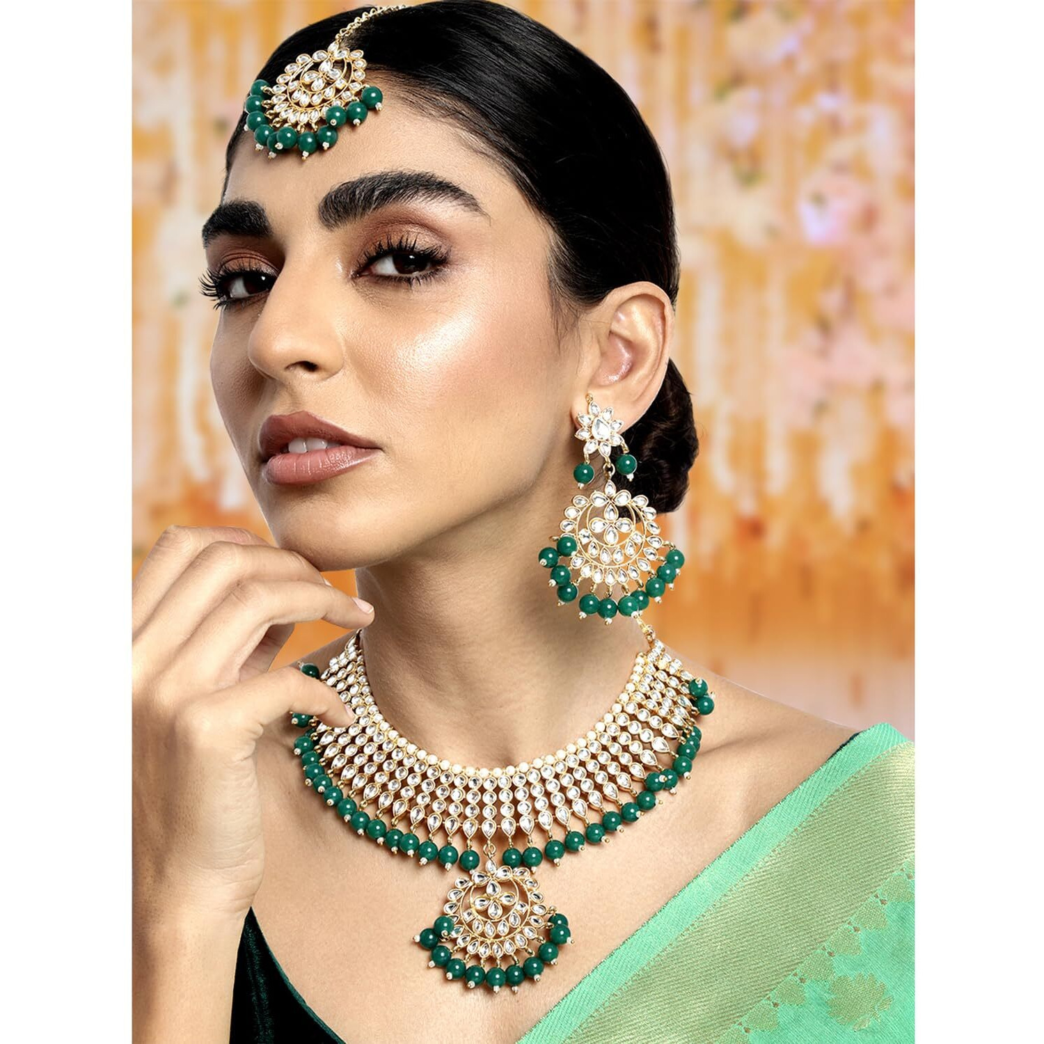 Peora Gold-plated Brass and Kundan, Pearl Necklace Earring Set With Maang Tikka for Women & Girls (Green_170.97 gms)