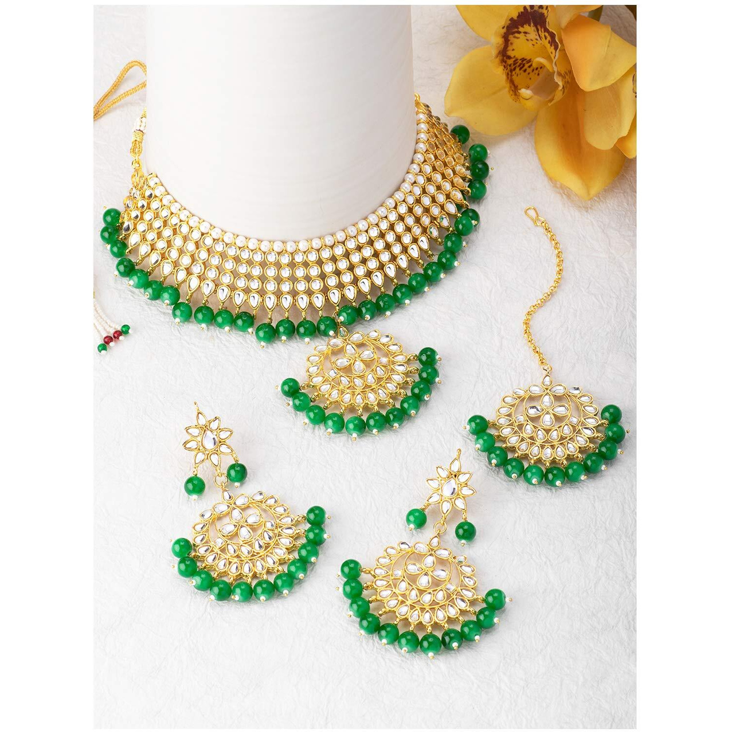 Peora Gold-plated Brass and Kundan, Pearl Necklace Earring Set With Maang Tikka for Women & Girls (Green_170.97 gms)