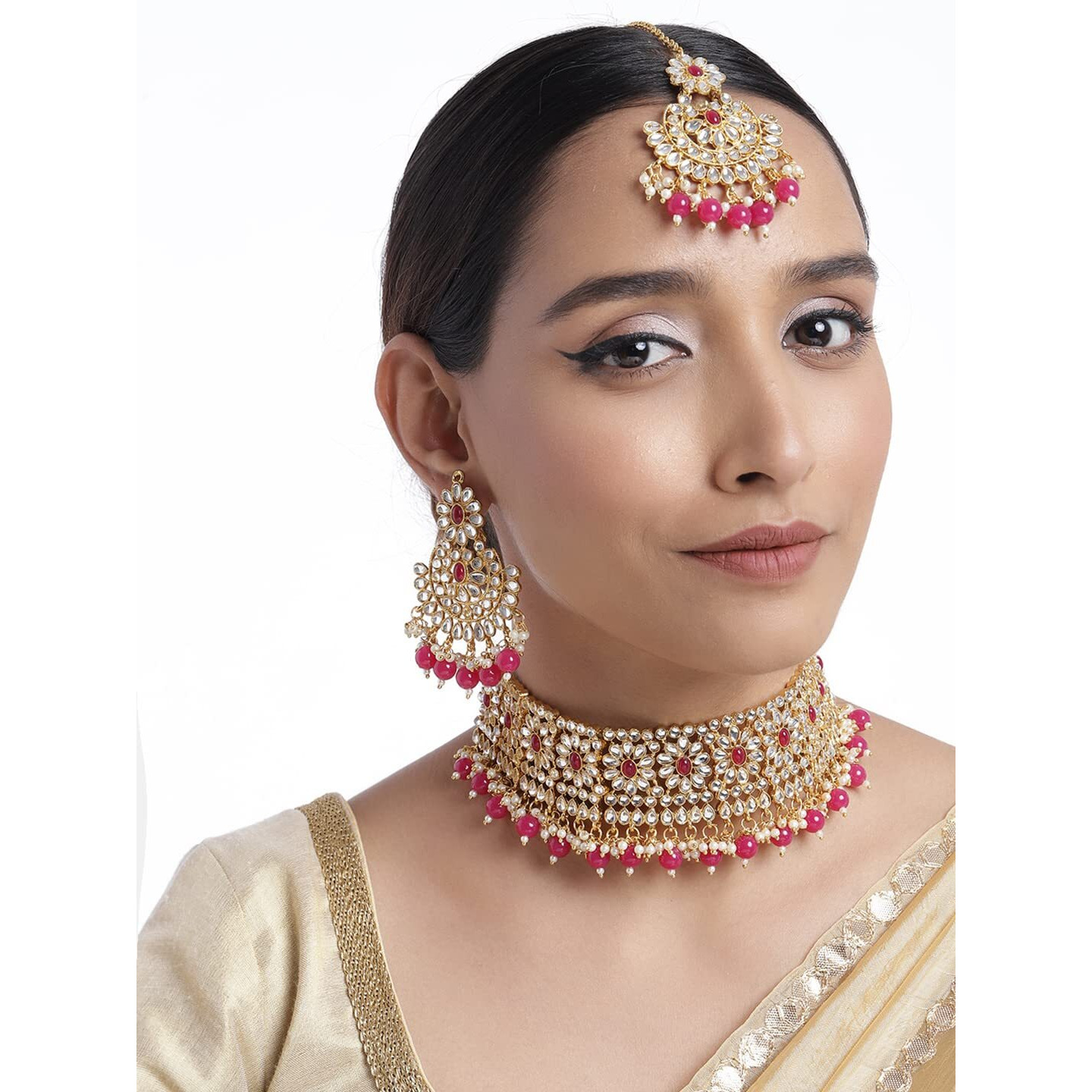 Peora Gold Plated Kundan Studded Choker Necklace Earrings & Maang Tikka Set Wedding Jewellery Set For Girls & Women (Rani Pink)